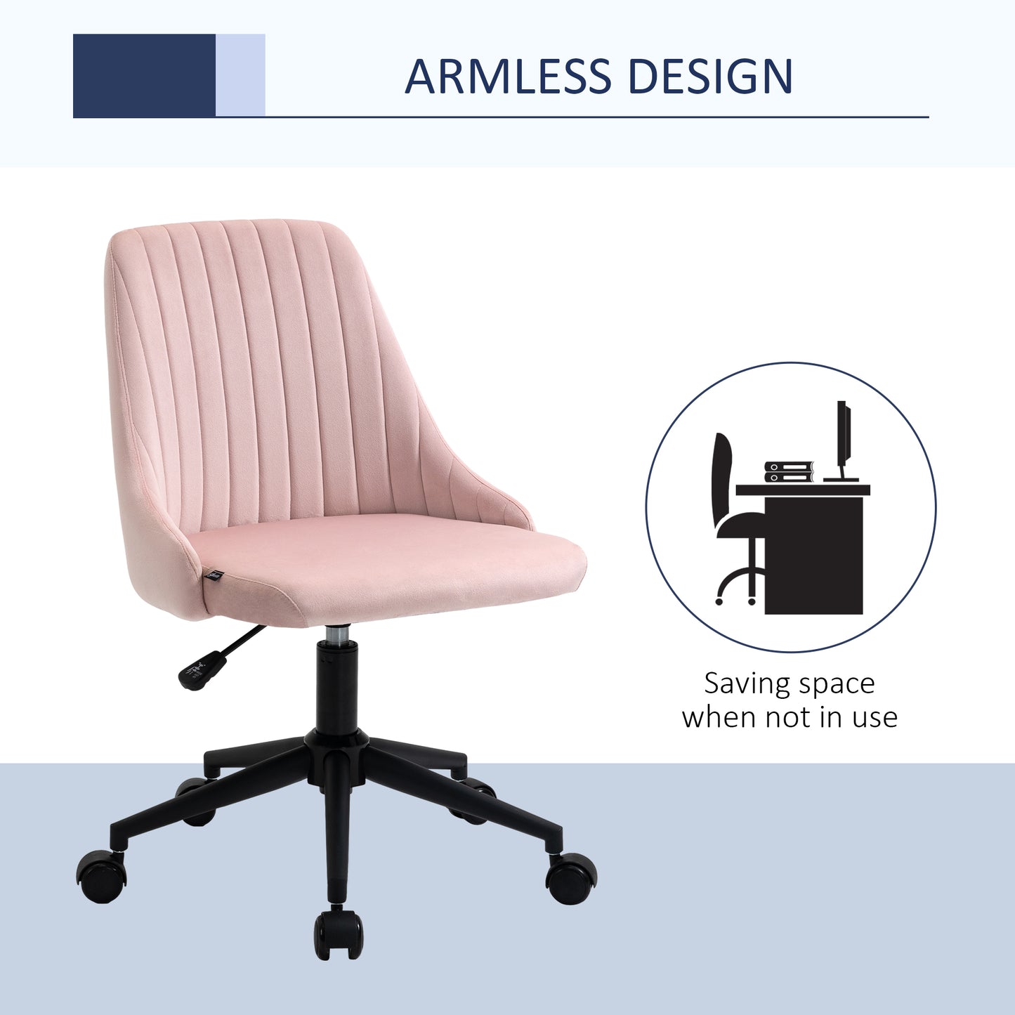 Pink velvet armless desk chair with ribbed back and black wheels