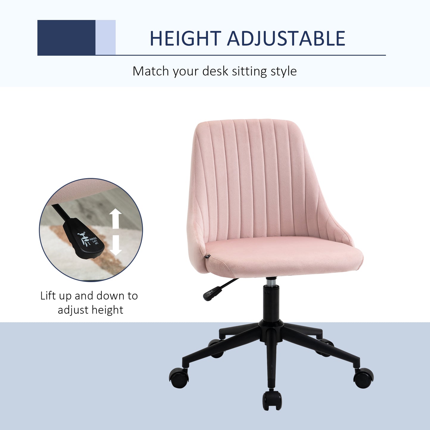 Pink velvet office chair with height adjustment lever and casters