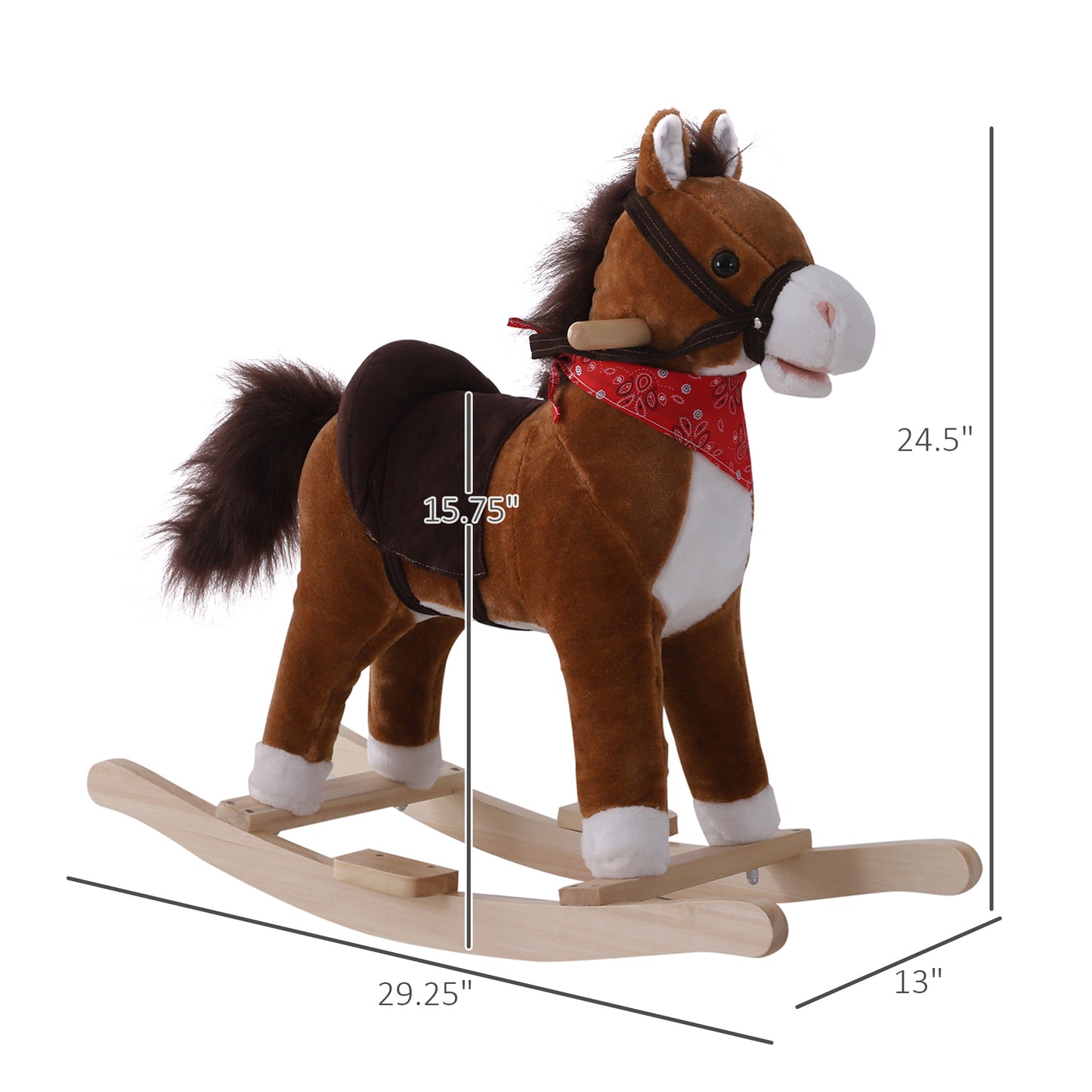Brown plush rocking horse with red bandana and saddle perfect for toddler play