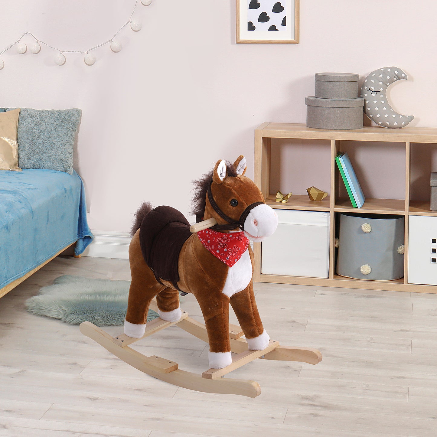 Brown plush rocking horse with bandana and saddle for toddlers