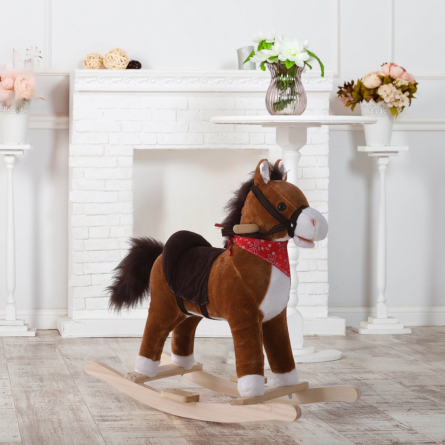 Plush brown rocking horse with saddle and red bandana for toddlers