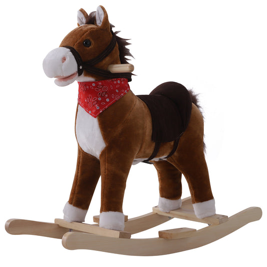 Brown plush rocking horse with red bandana and wooden base for childrens play