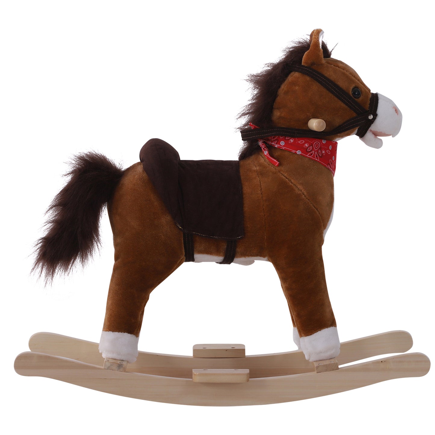 Brown plush rocking horse with a dark saddle and red bandana