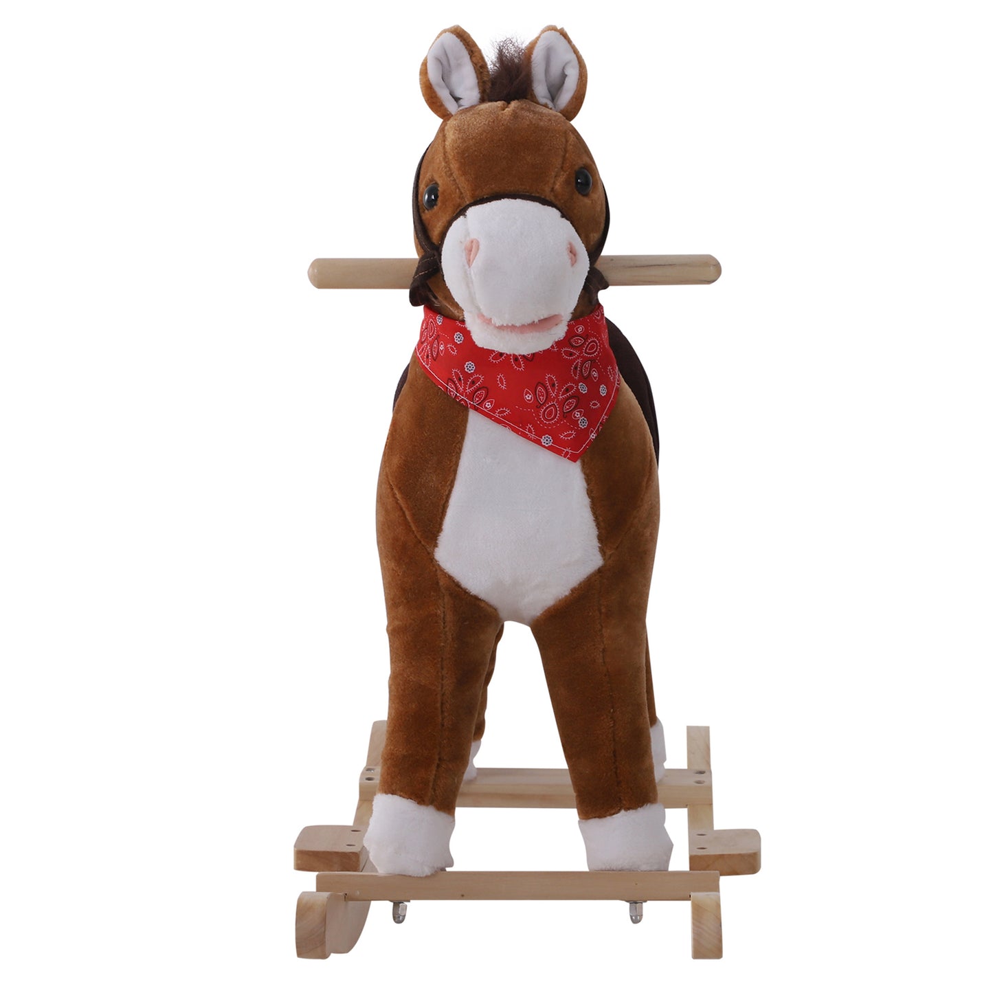 Plush brown rocking horse with white accents and red bandana for toddlers