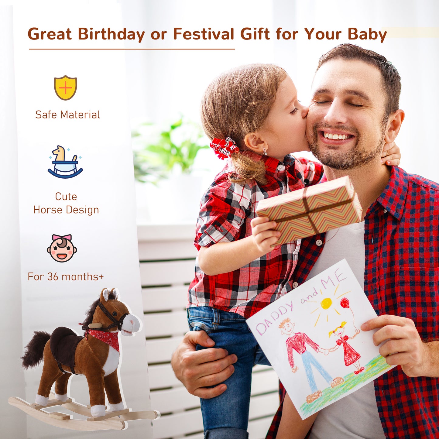 Plush brown rocking horse with a red bandana for baby playtime