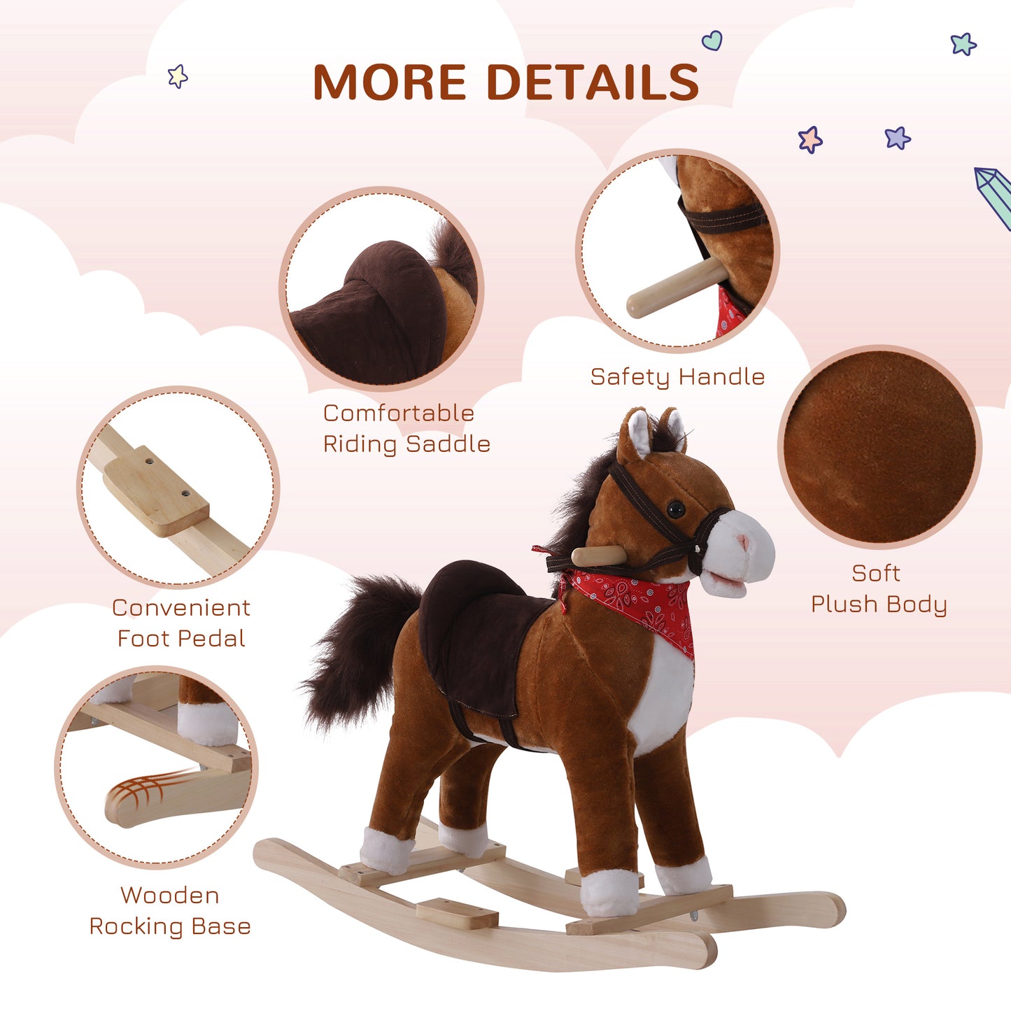 Brown plush rocking horse with comfortable saddle and wooden base for children