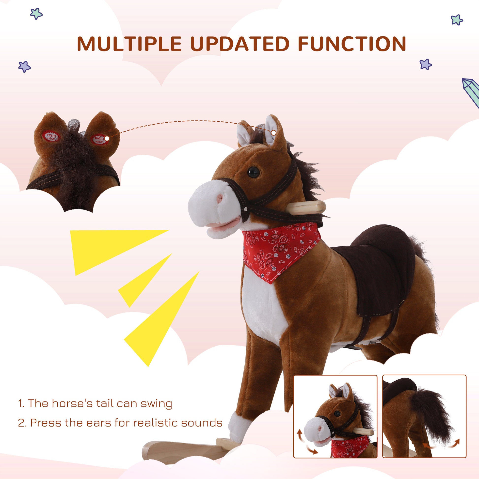 Brown plush rocking horse with red bandana and brown saddle
