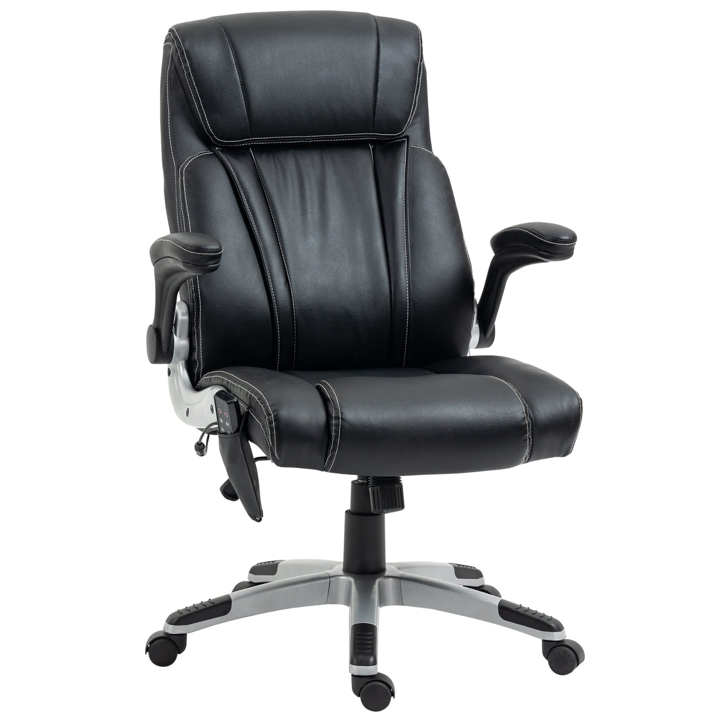 Black faux leather executive chair with white stitching and adjustable arms
