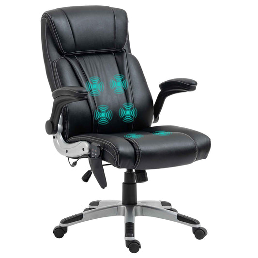 Black ergonomic office chair with white stitching and four massage nodes on seat and back