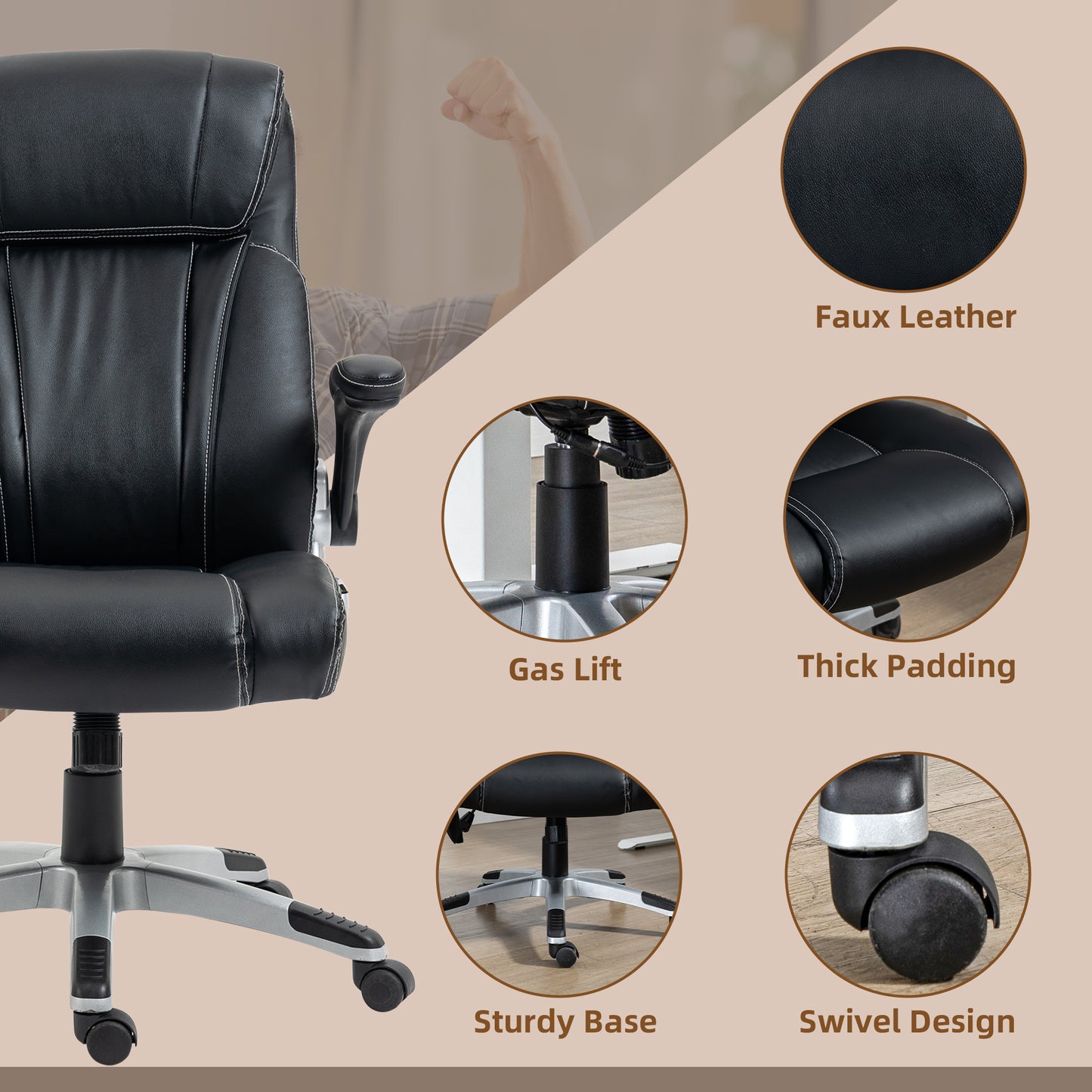 Black faux leather office chair with white stitching and sturdy silver base