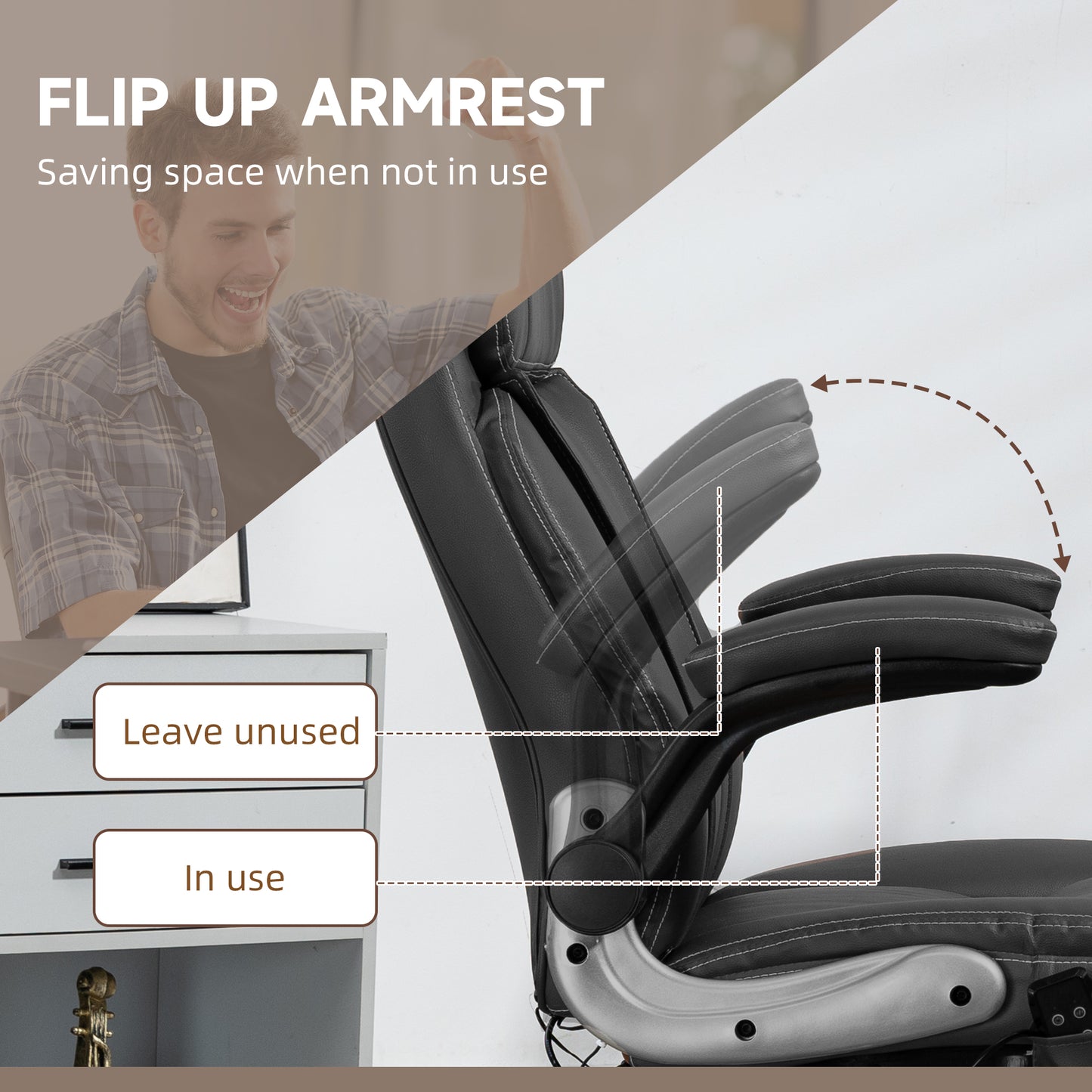Black ergonomic office chair with flipup armrests for spacesaving storage