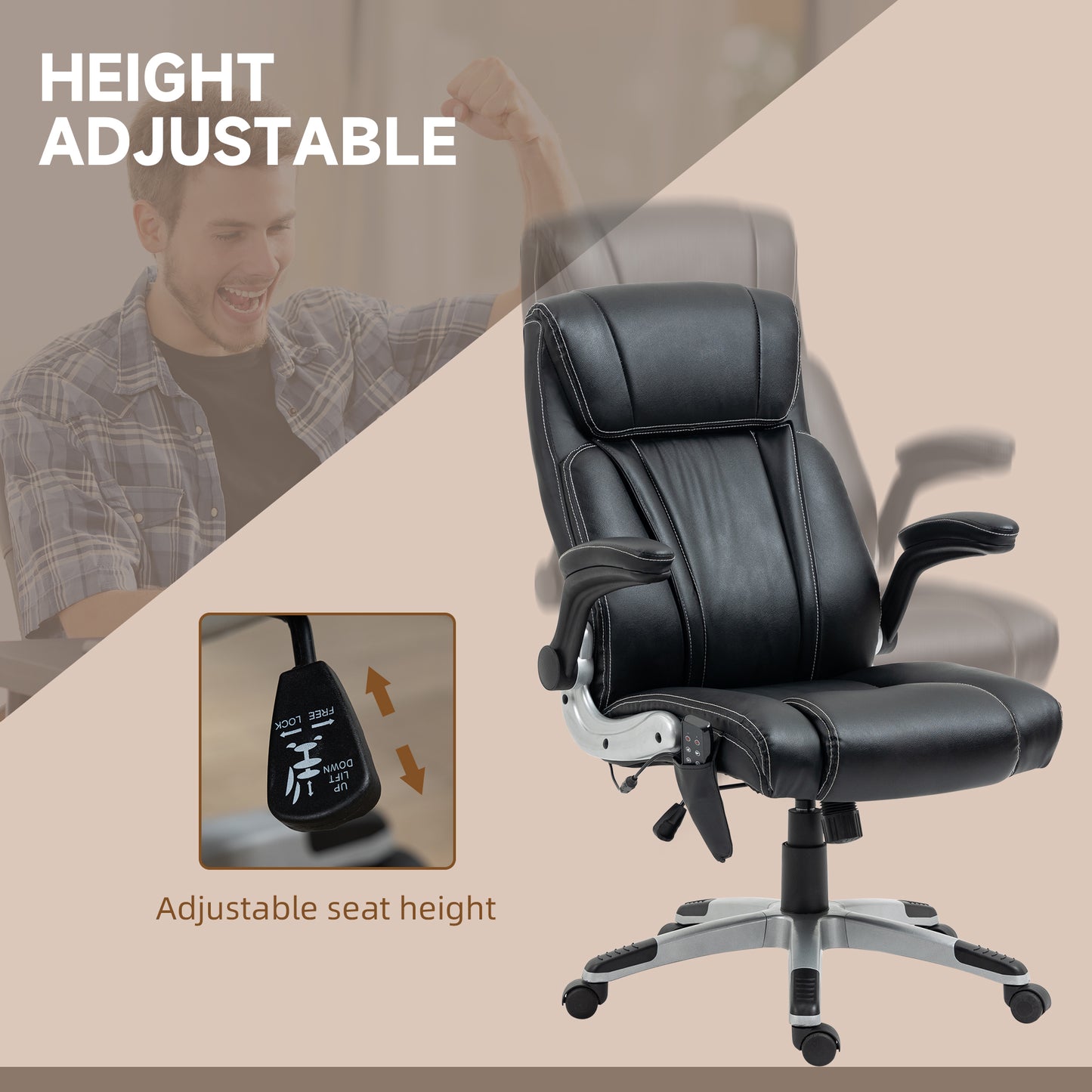 Black leather executive chair with adjustable height control lever and silver base