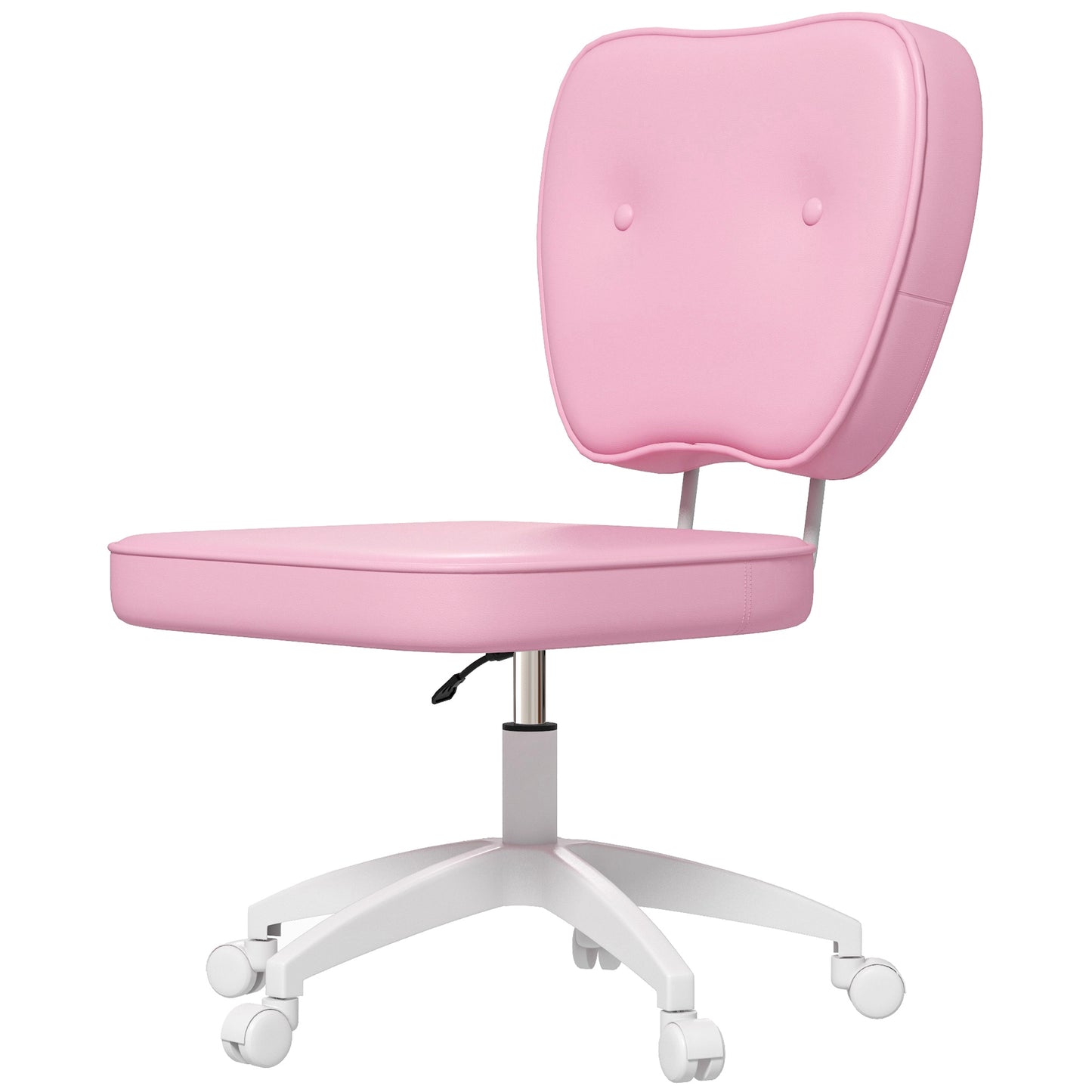 Pink ergonomic office chair with button tufted back and padded seat on a white wheeled base