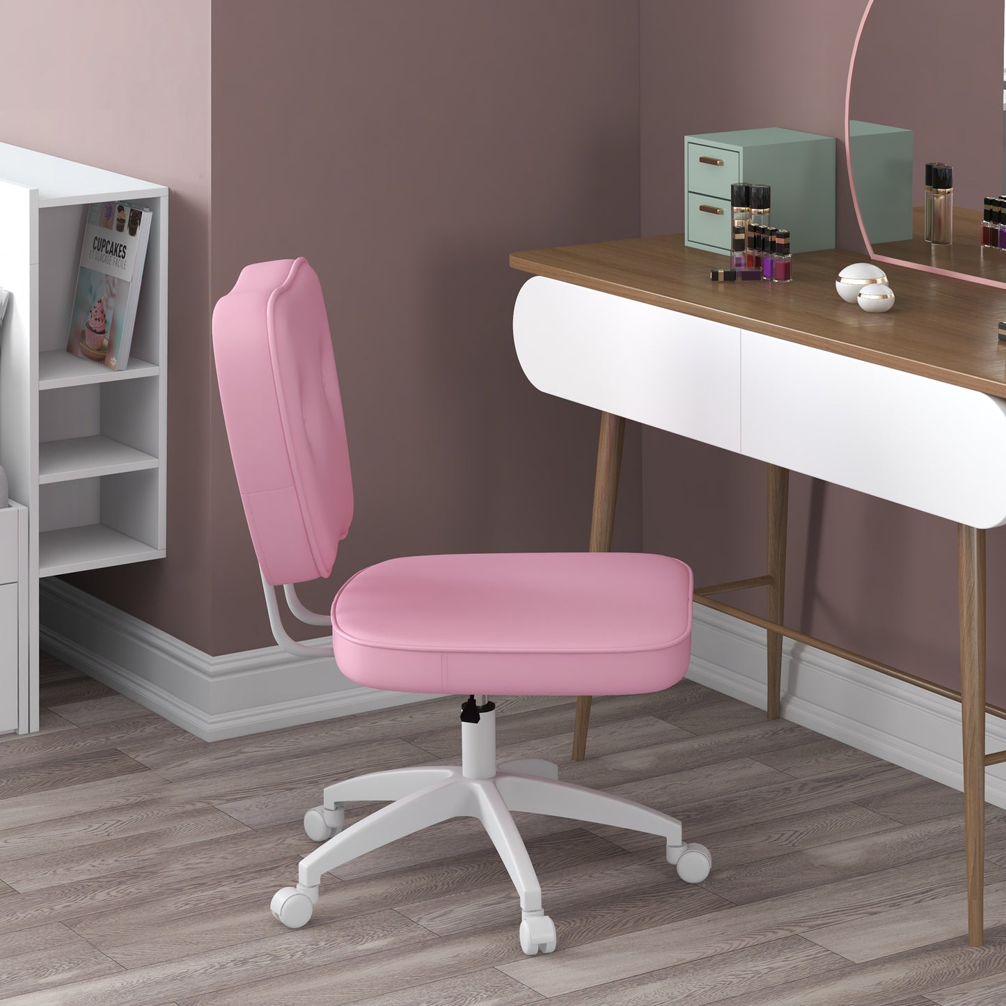 Pink leather desk chair with adjustable height and swivel base for office comfort
