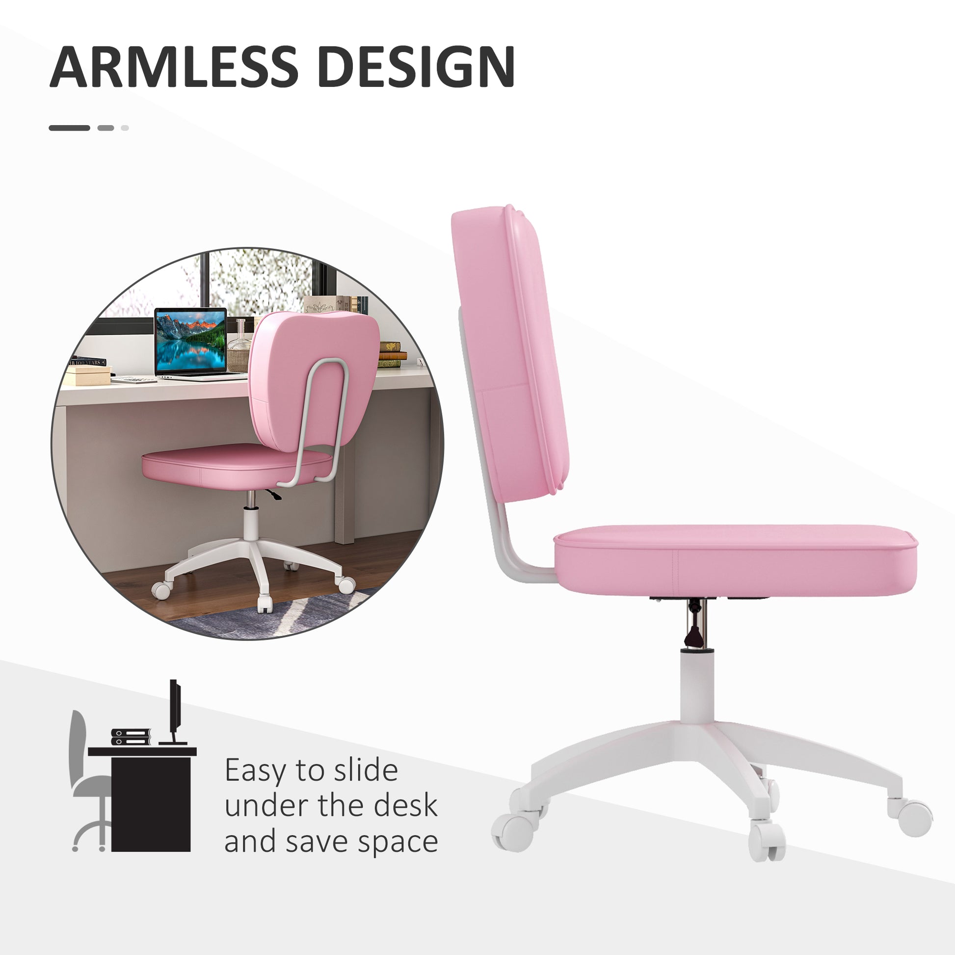 Pink armless office chair with white base and wheels ideal for home office setup