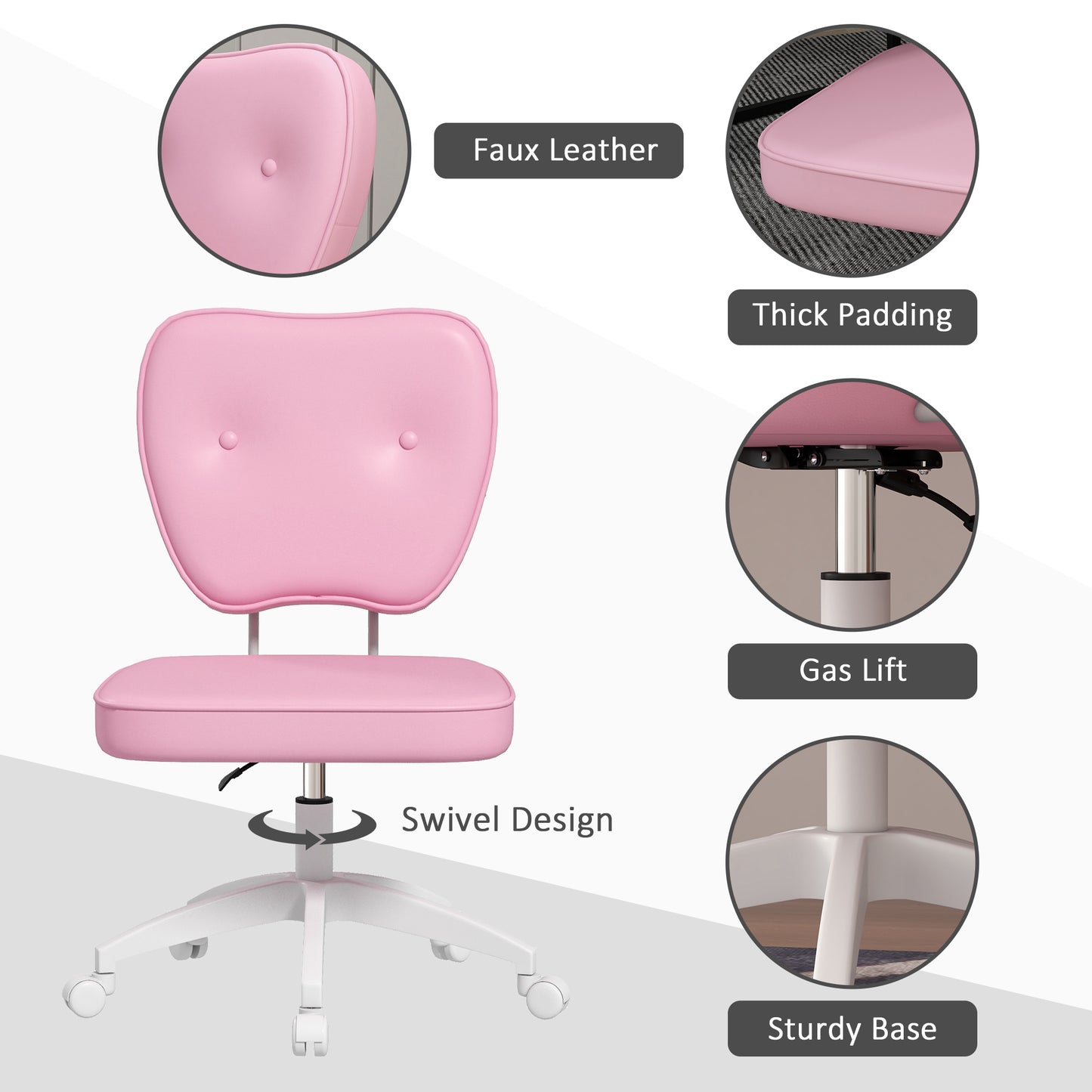 Pink faux leather office chair with thick padding and swivel design for comfort