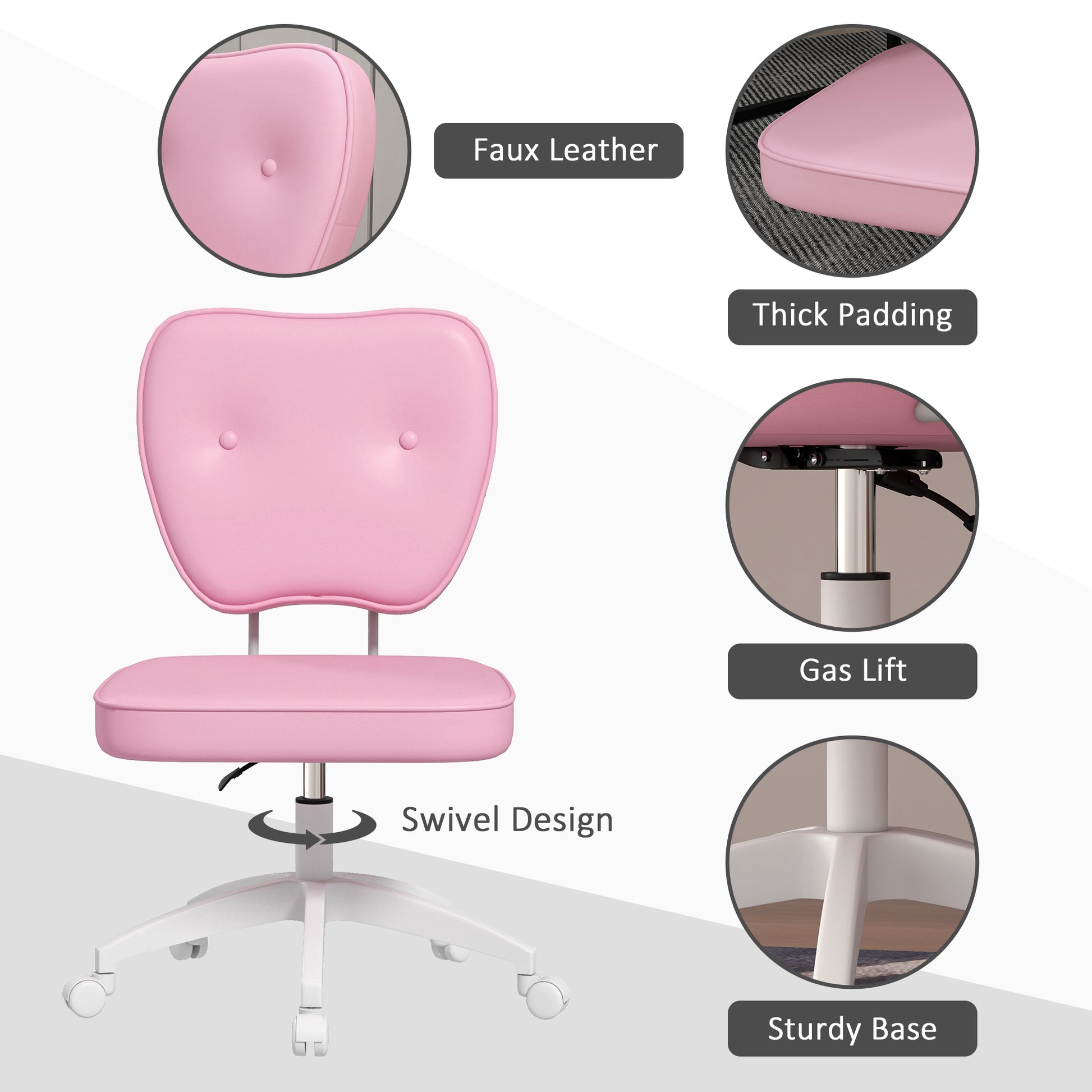 Pink faux leather office chair with thick padding and swivel design for comfort