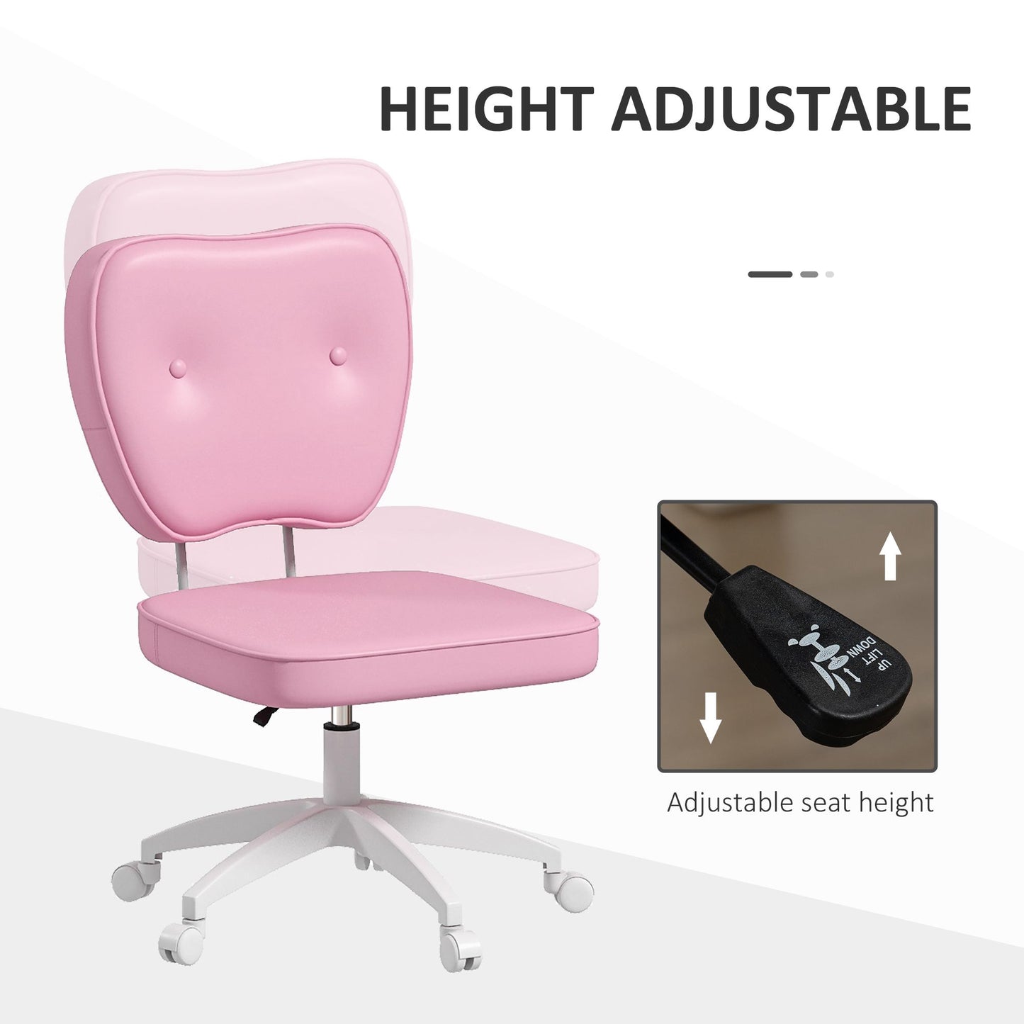 Pink adjustable office chair with padded seat and back featuring a lever for seat height adjustment