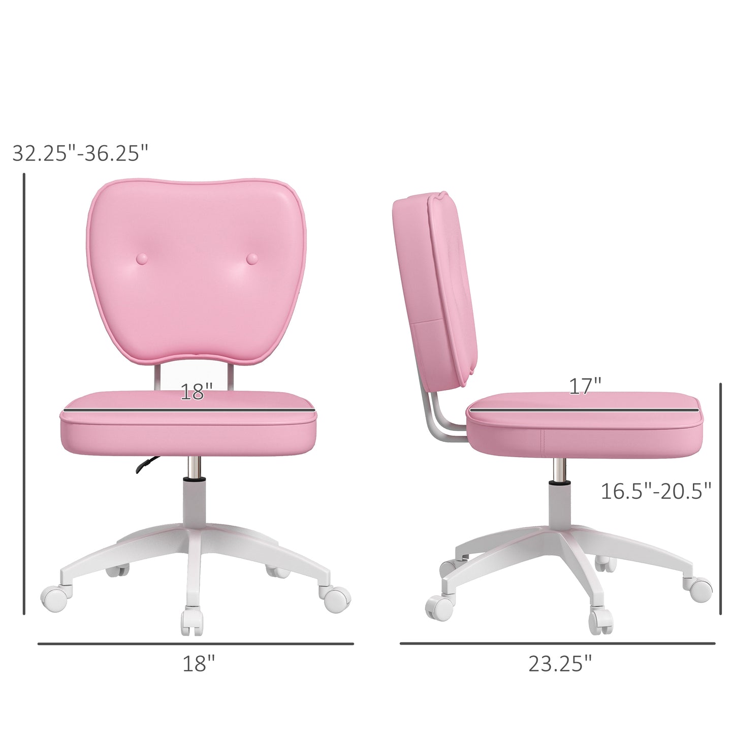 Pink adjustable ergonomic desk chair with white base and wheels ideal for a childs study area