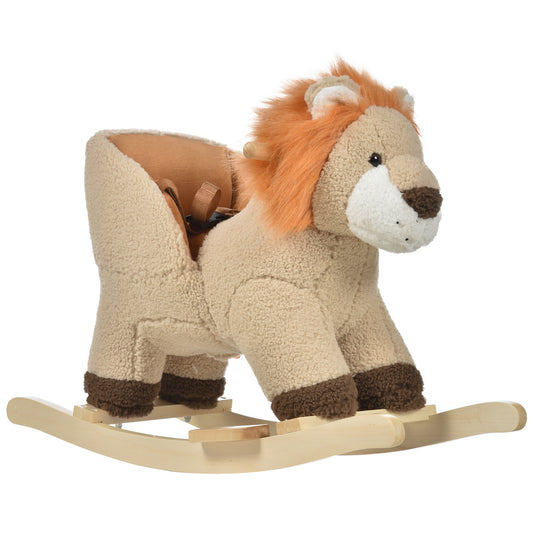 Plush lion rocker with brown accents and a wooden base perfect for toddler playtime