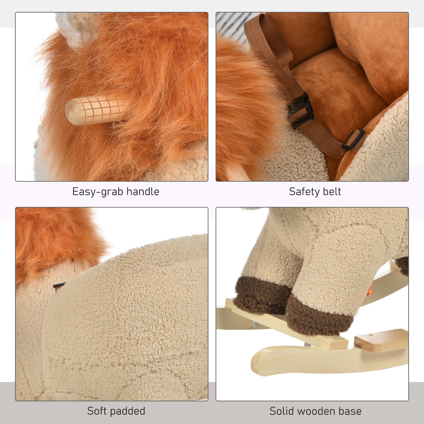 Closeup of fuzzy orange mane and easygrab wooden handle on a childs rocking toy