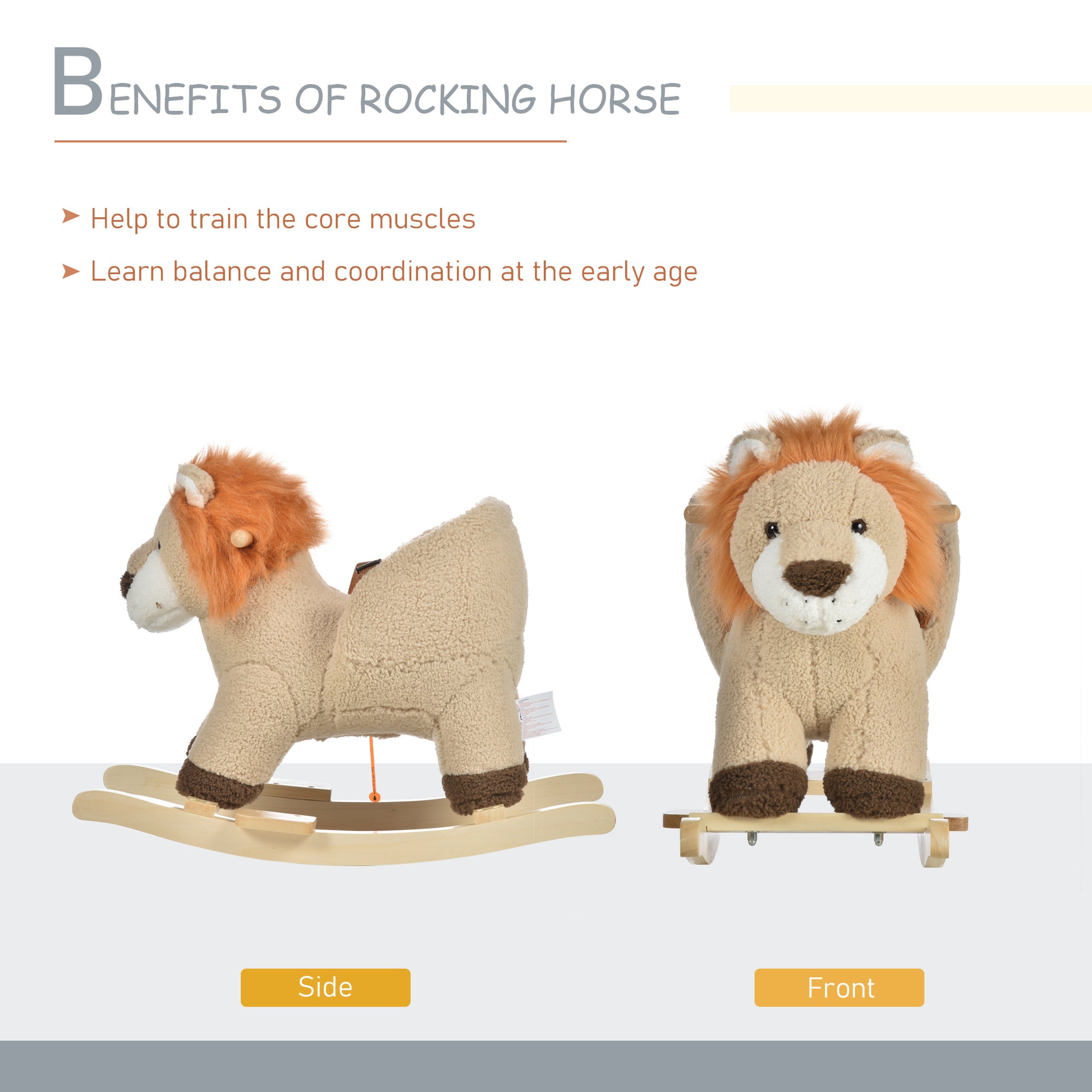 Plush tan lion rocking horse with orange mane on wooden rockers side view