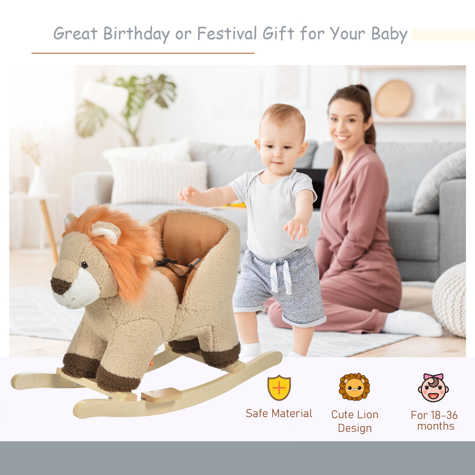 Plush lion rocking horse with wooden base soft brown seat and orange mane for toddlers