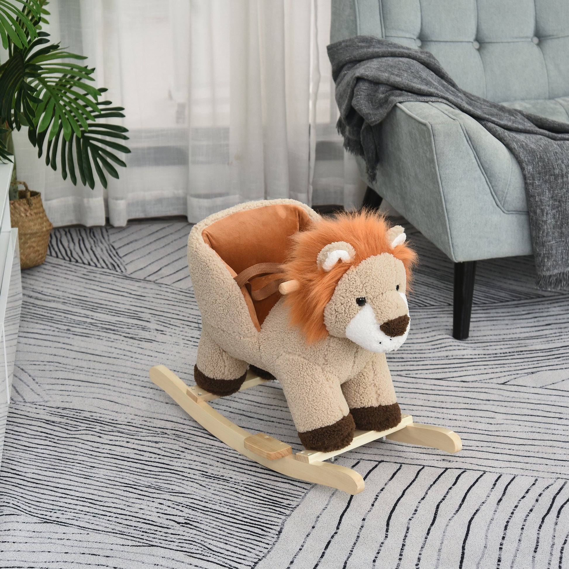 Soft plush lion rocker with wooden base perfect for toddler play