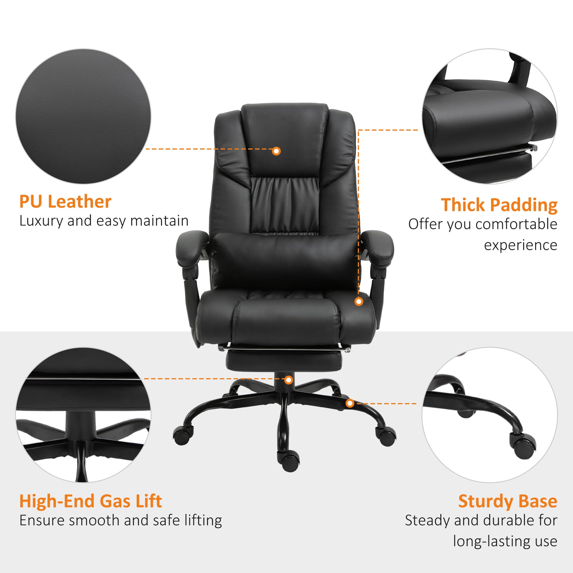 Black PU leather executive office chair with thick padding and headrest