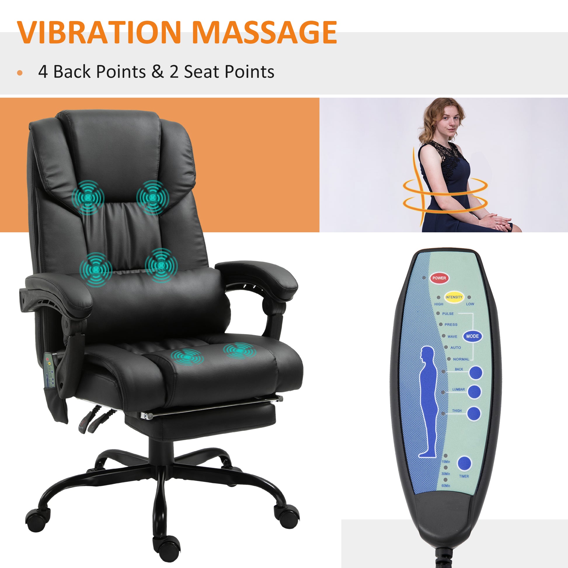 Black executive massage chair with builtin heating and vibration functions
