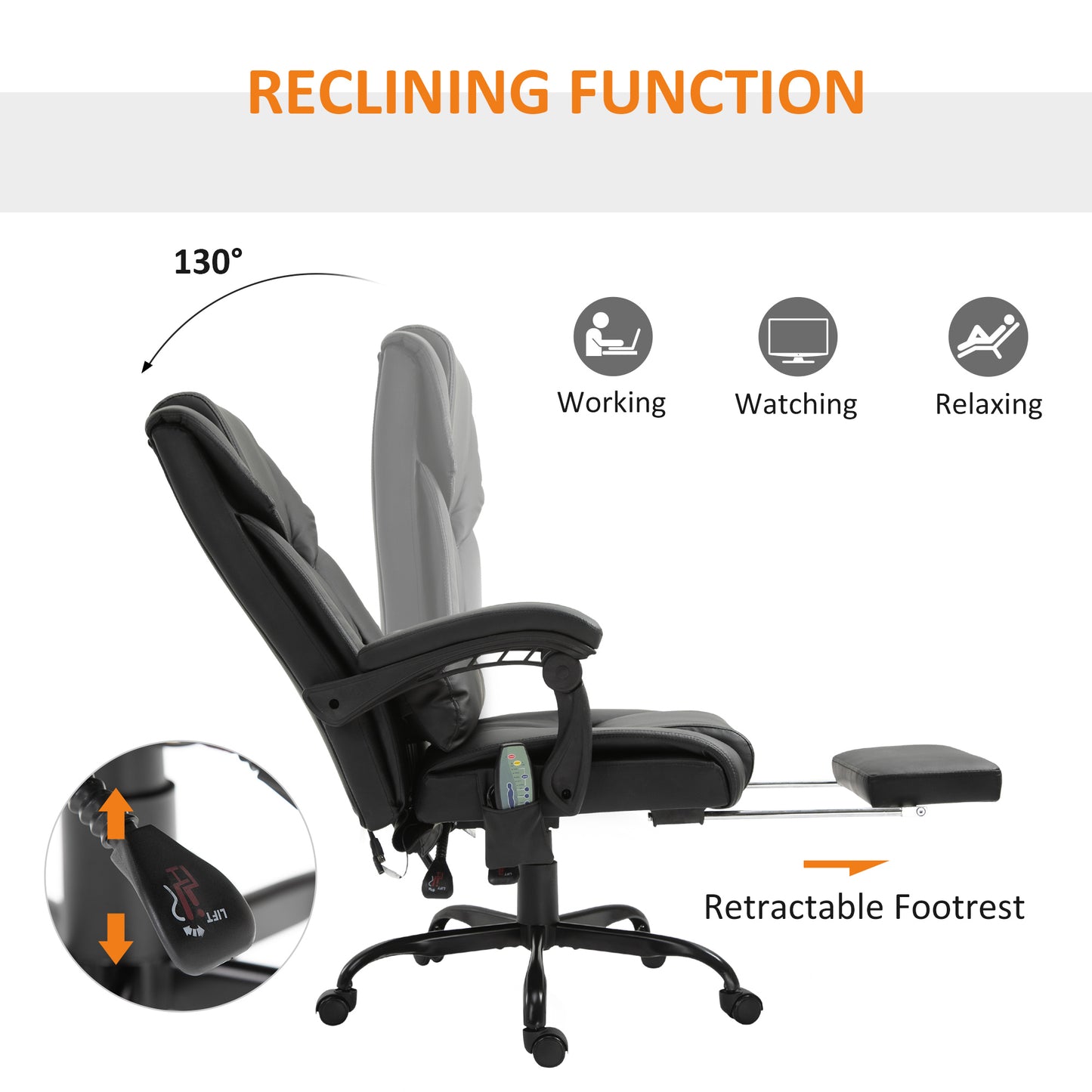 Black leather ergonomic office chair reclines to  degrees for relaxing