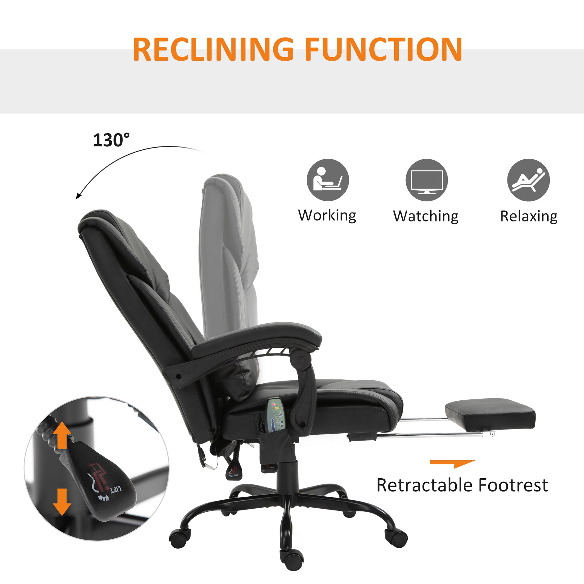 Black leather ergonomic office chair reclines to  degrees for relaxing