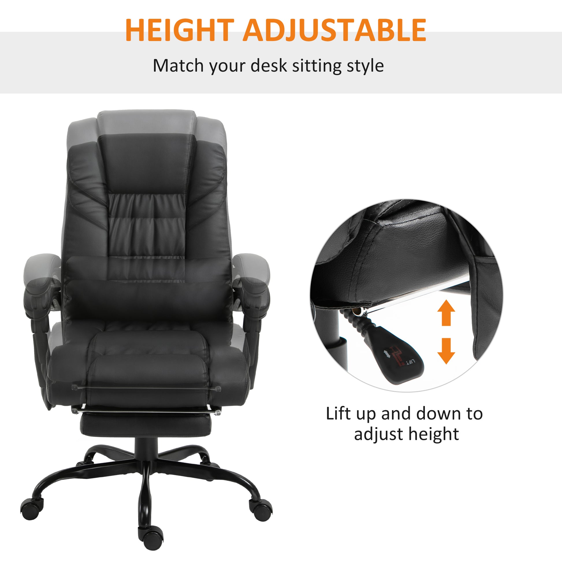 Black faux leather executive office chair with height adjustment lever and footrest