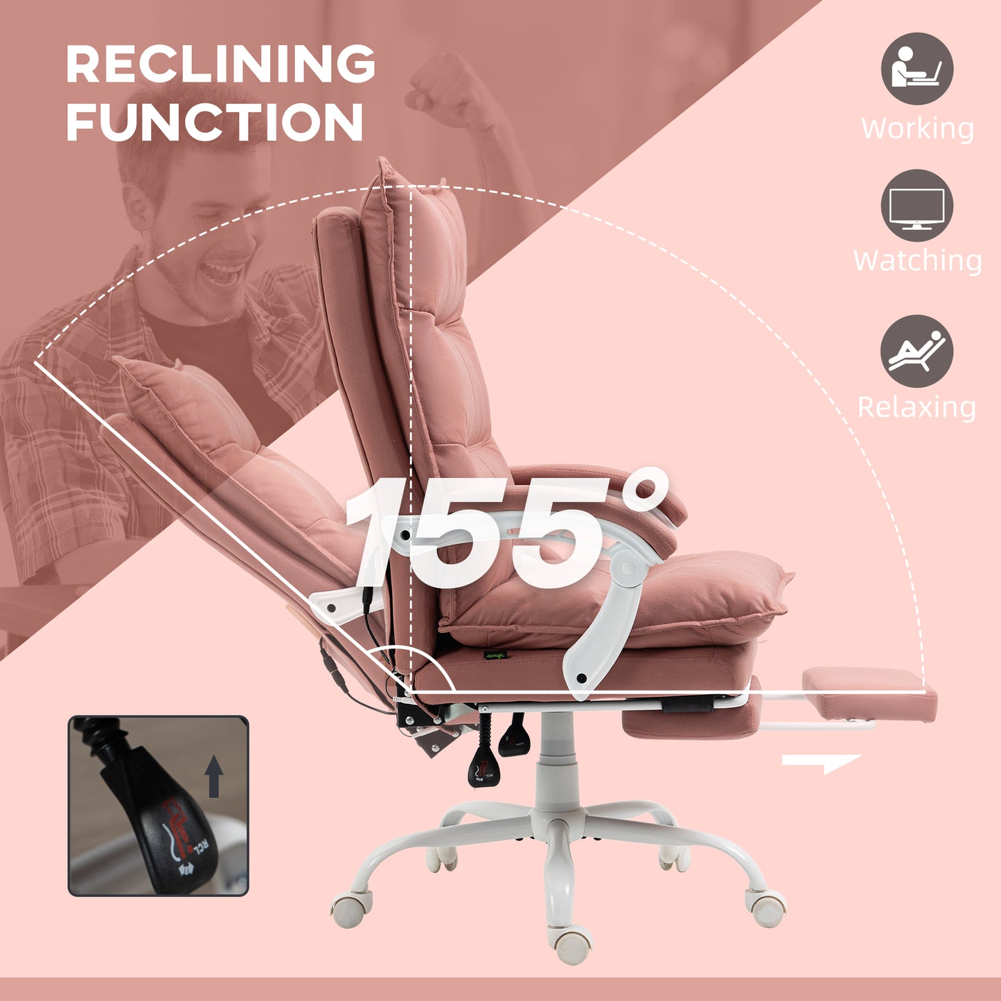 Dusty rose fabric ergonomic office chair with reclining function and footrest