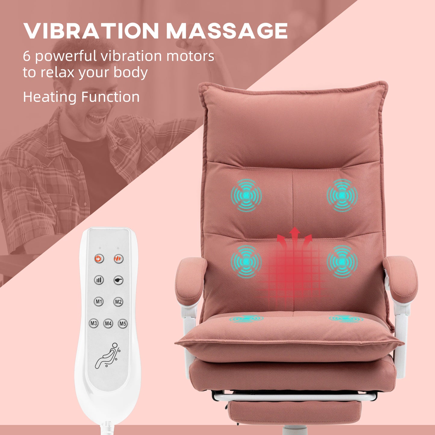 Pink upholstered massage chair with heating function and remote control