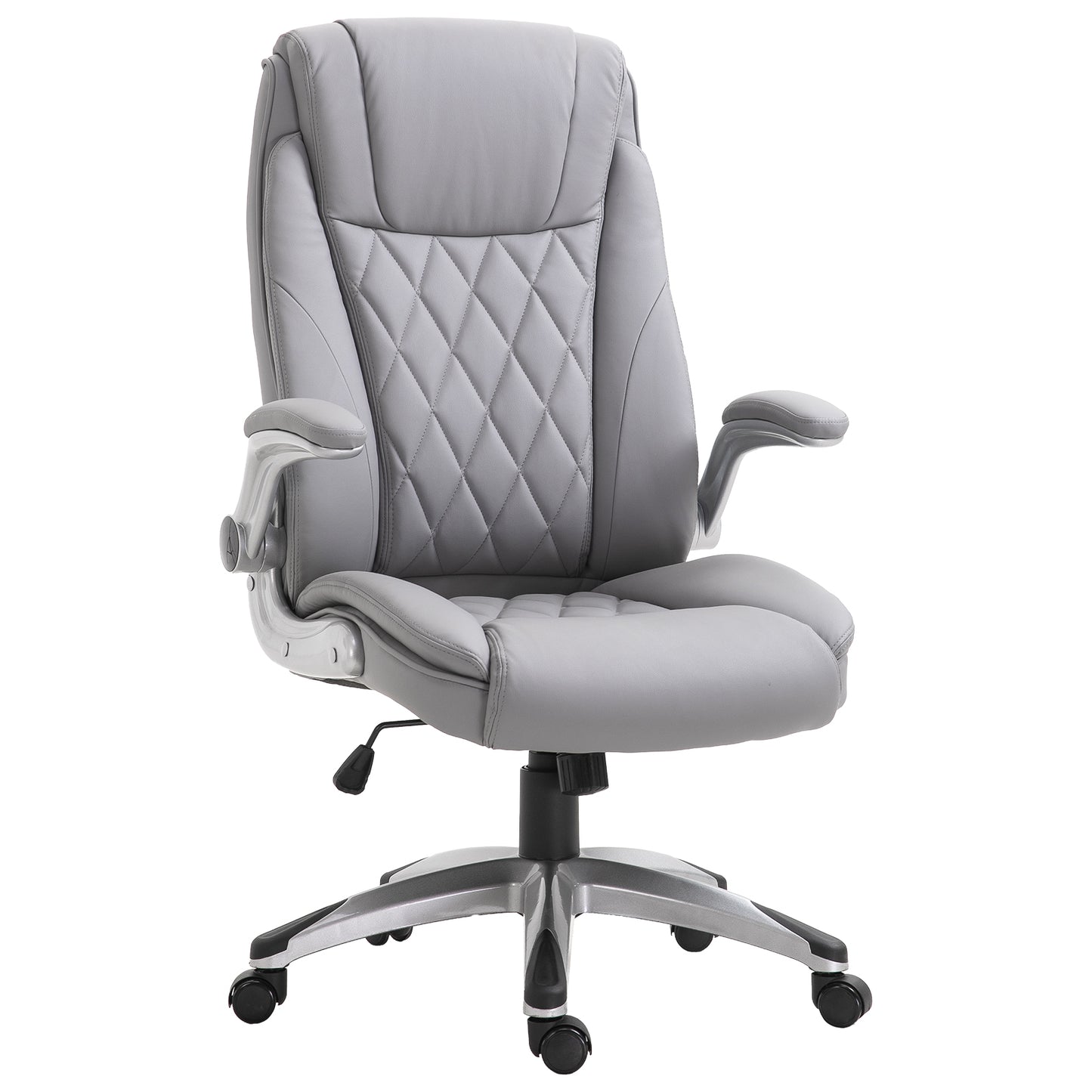 Executive gray faux leather office chair with quilted backrest and padded arms