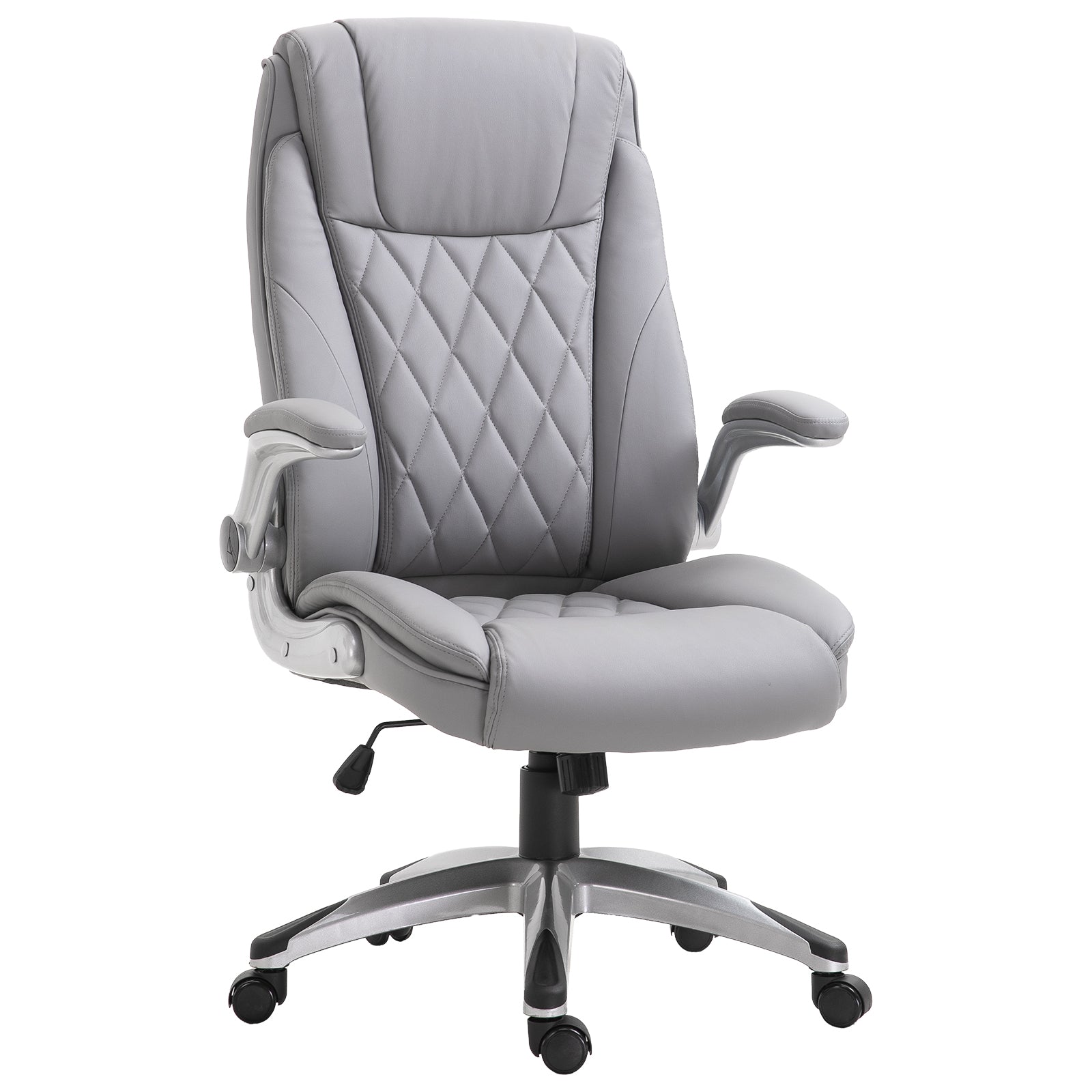 Executive gray faux leather office chair with quilted backrest and padded arms