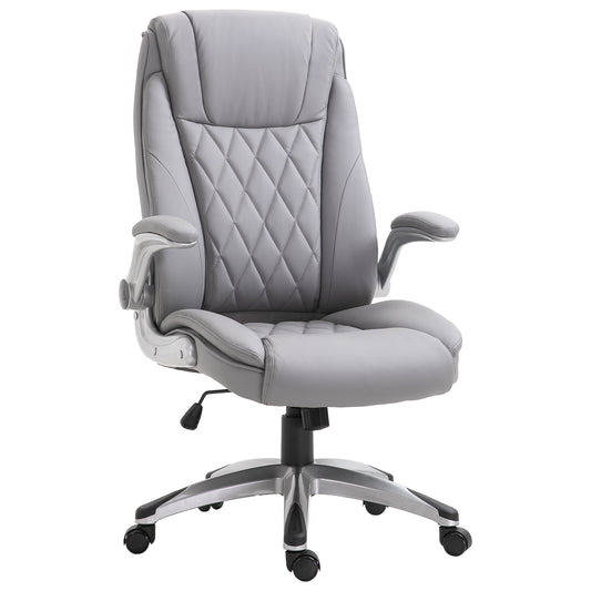 Executive gray faux leather office chair with quilted backrest and padded arms
