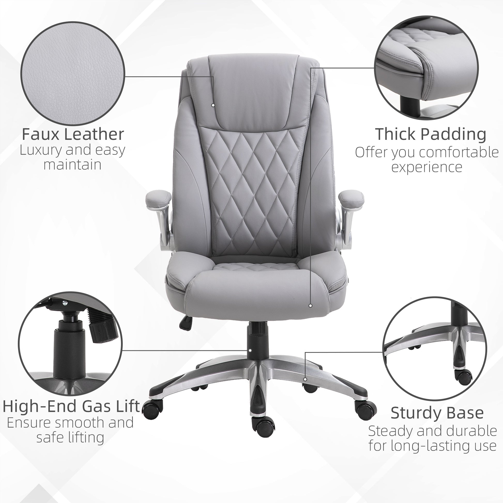 Gray faux leather executive office chair with thick padding and diamond stitching