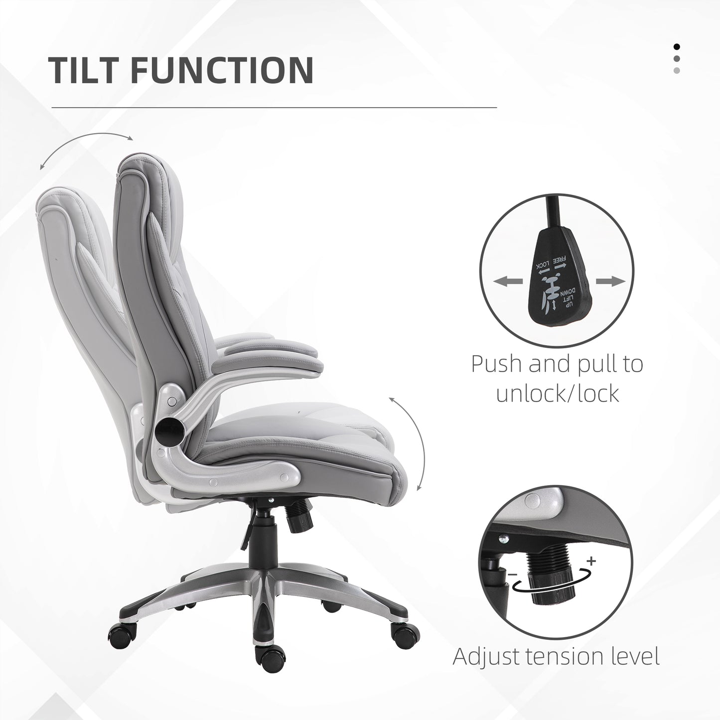Grey executive office chair with adjustable tilt function and armrests