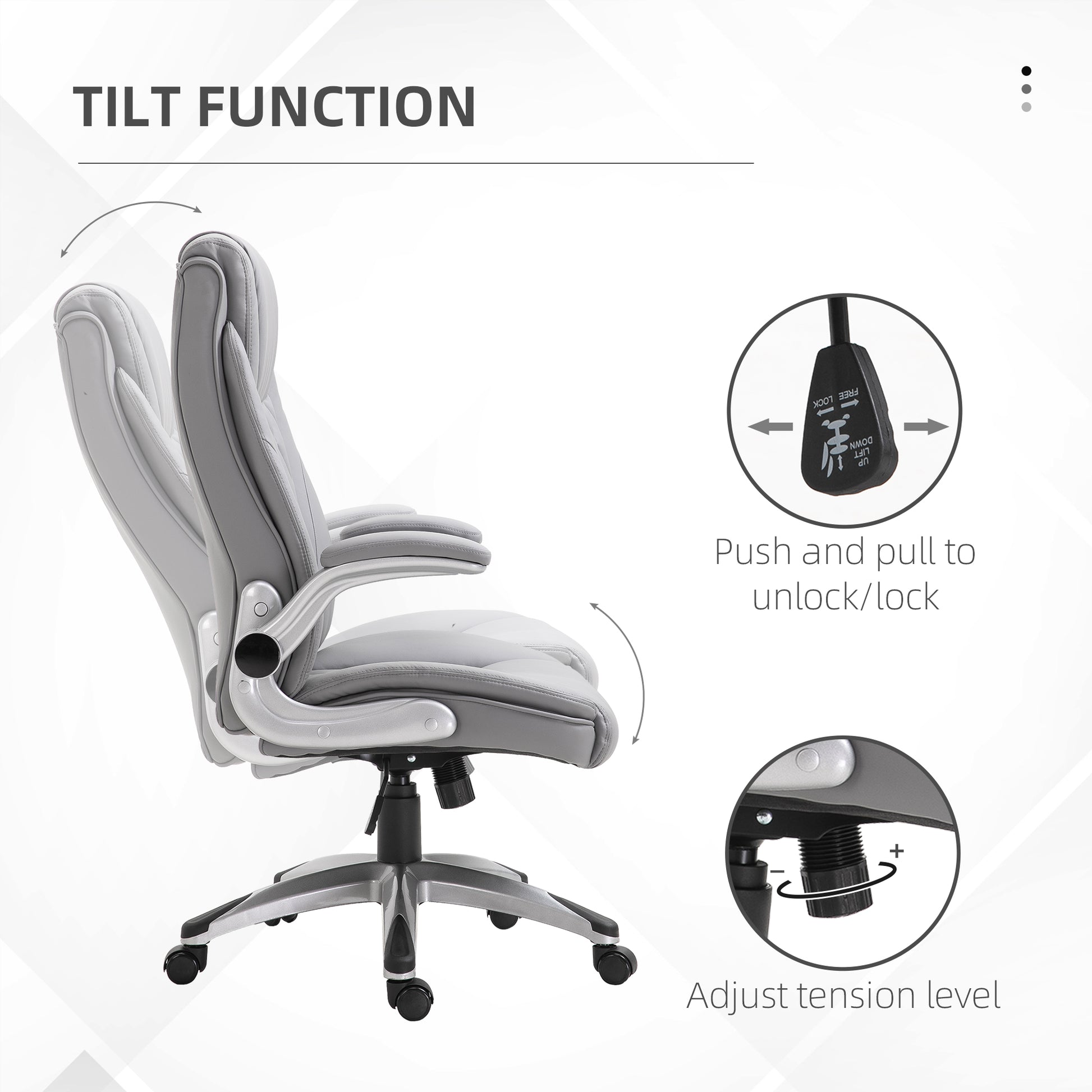 Grey executive office chair with adjustable tilt function and armrests