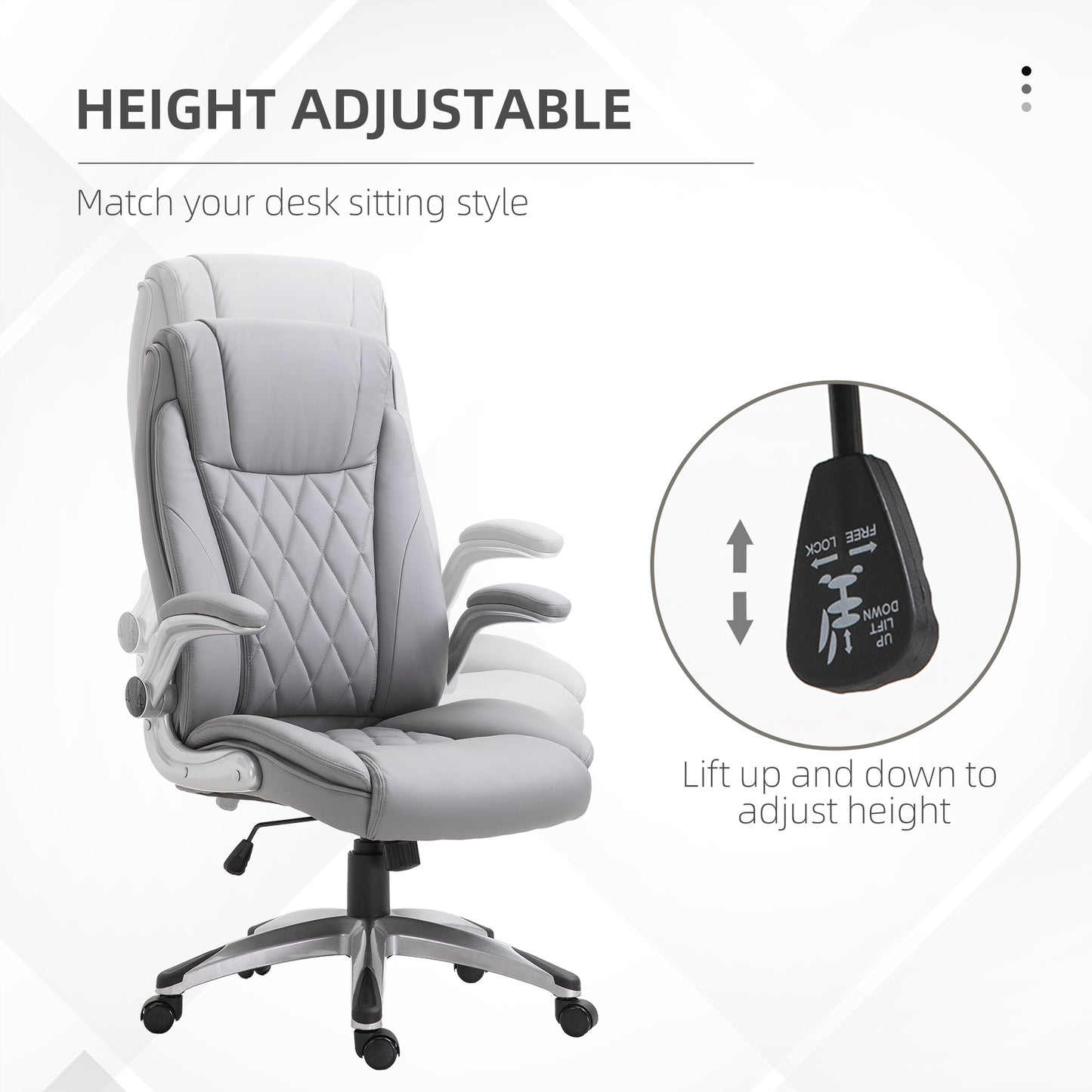 Grey leather executive chair with diamond stitching and adjustable height lever