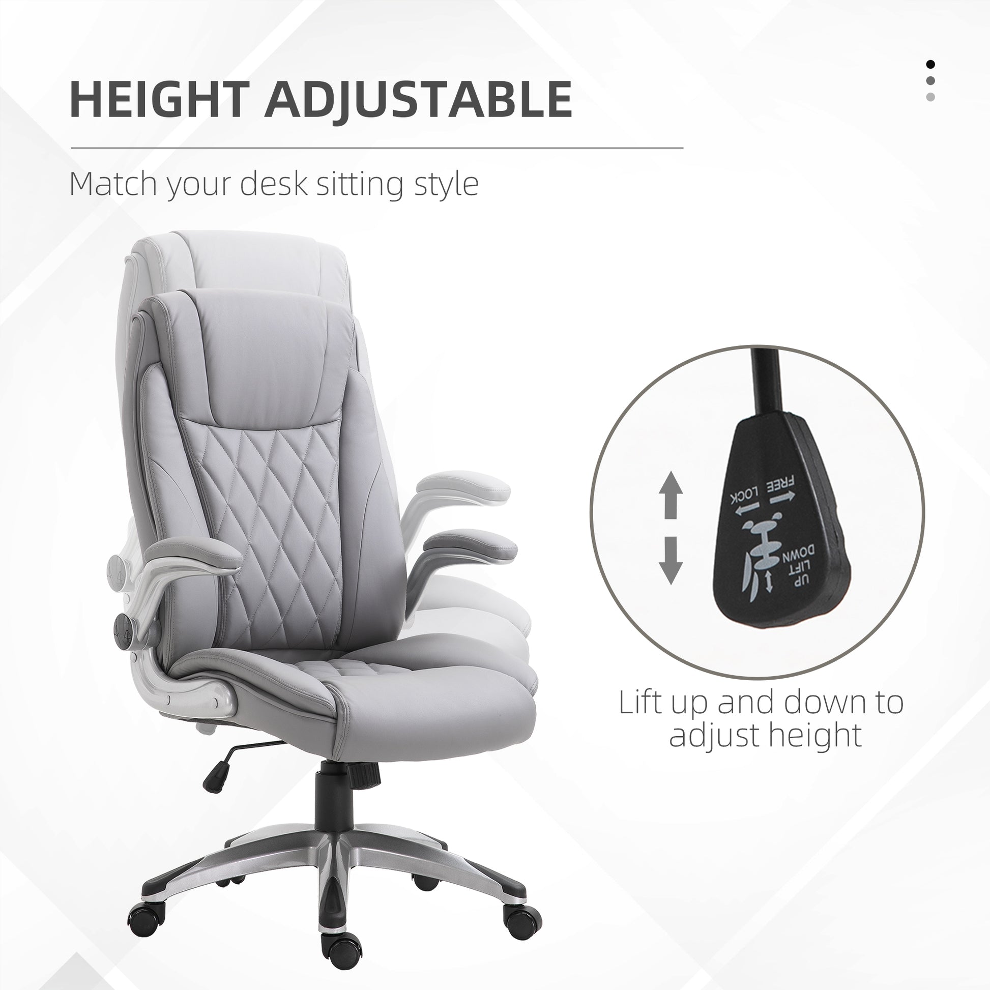 Grey leather executive chair with diamond stitching and adjustable height lever