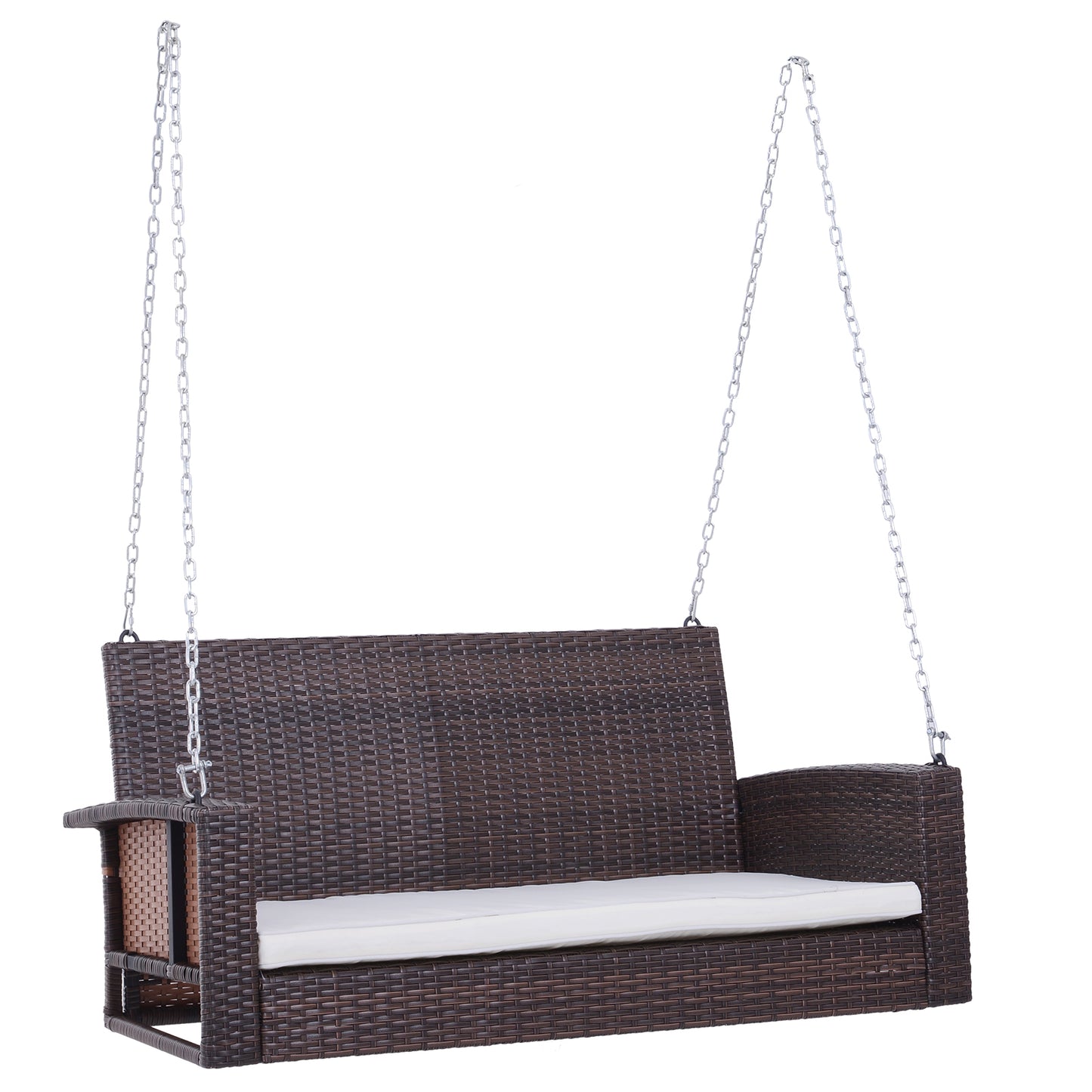 Dark brown rattan patio swing with white cushion and metal chains