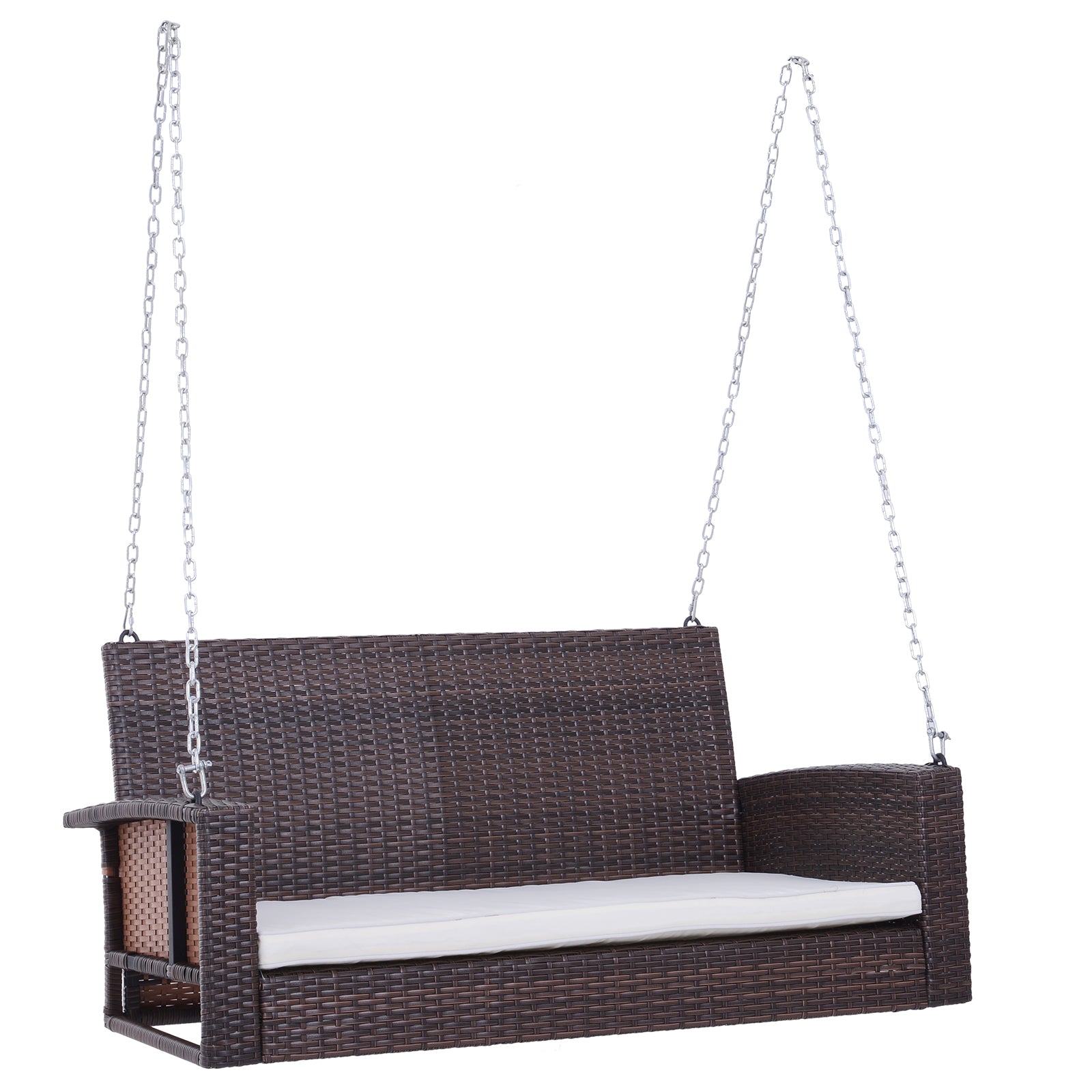 Dark brown rattan patio swing with white cushion and metal chains