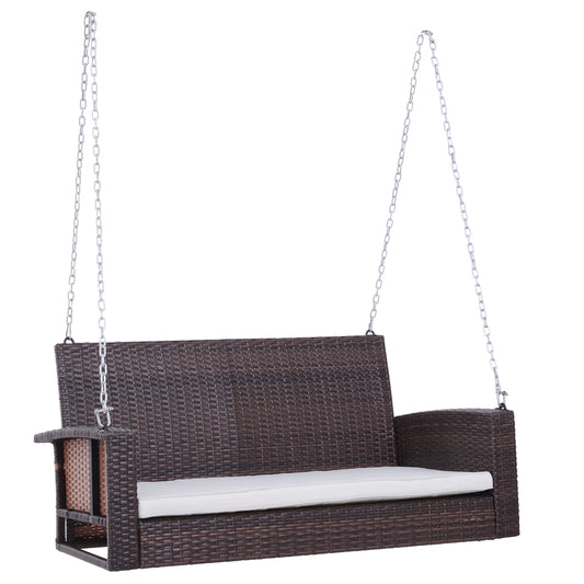 Dark brown rattan patio swing with white cushion and metal chains