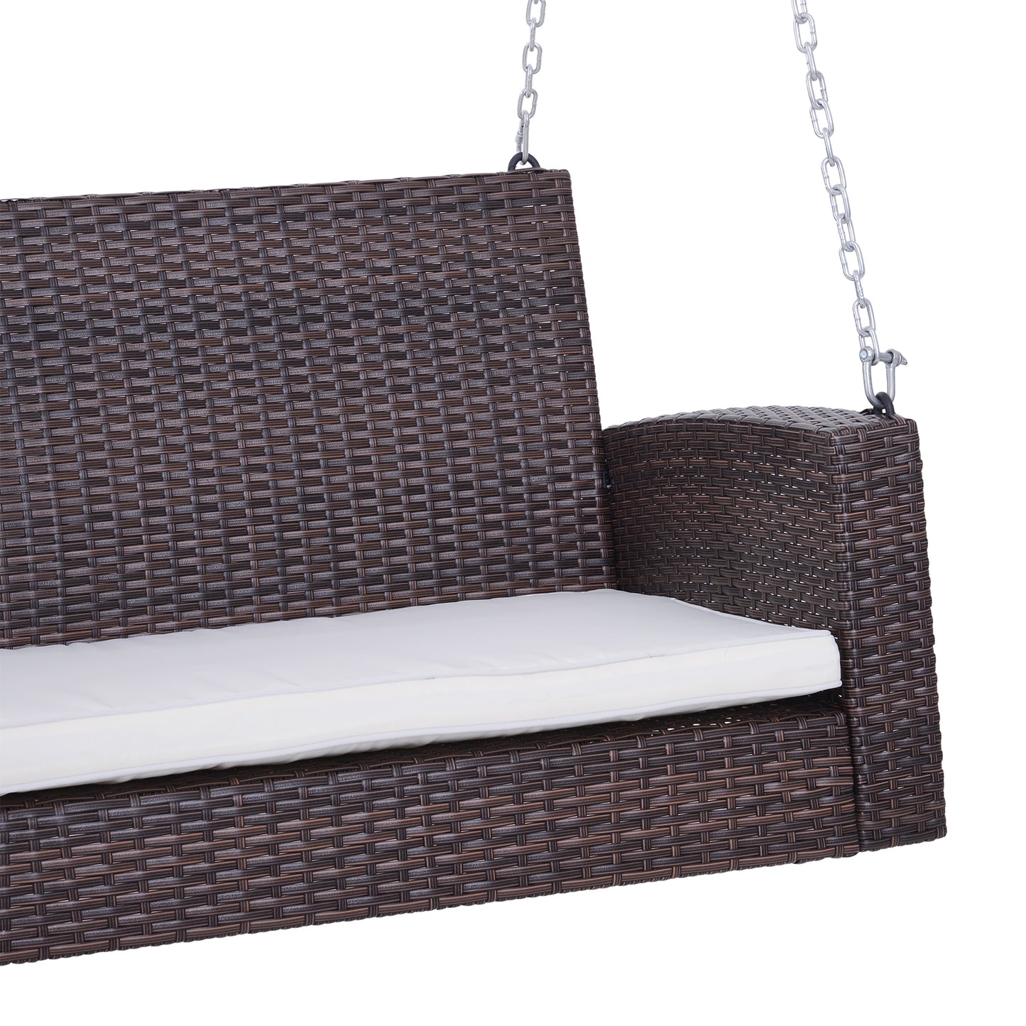 Dark brown rattan swing chair with white cushion side view