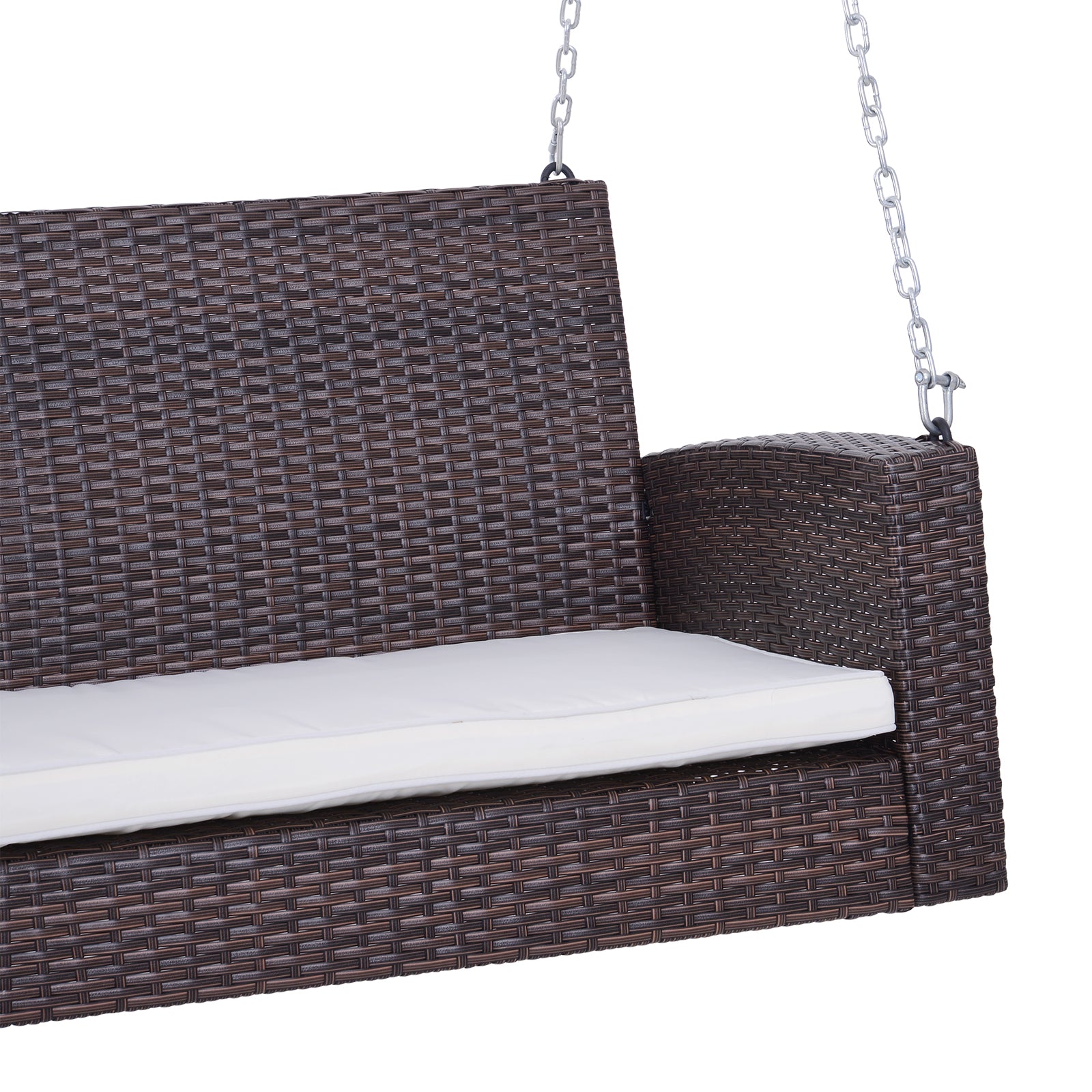 Dark brown rattan swing chair with white cushion side view