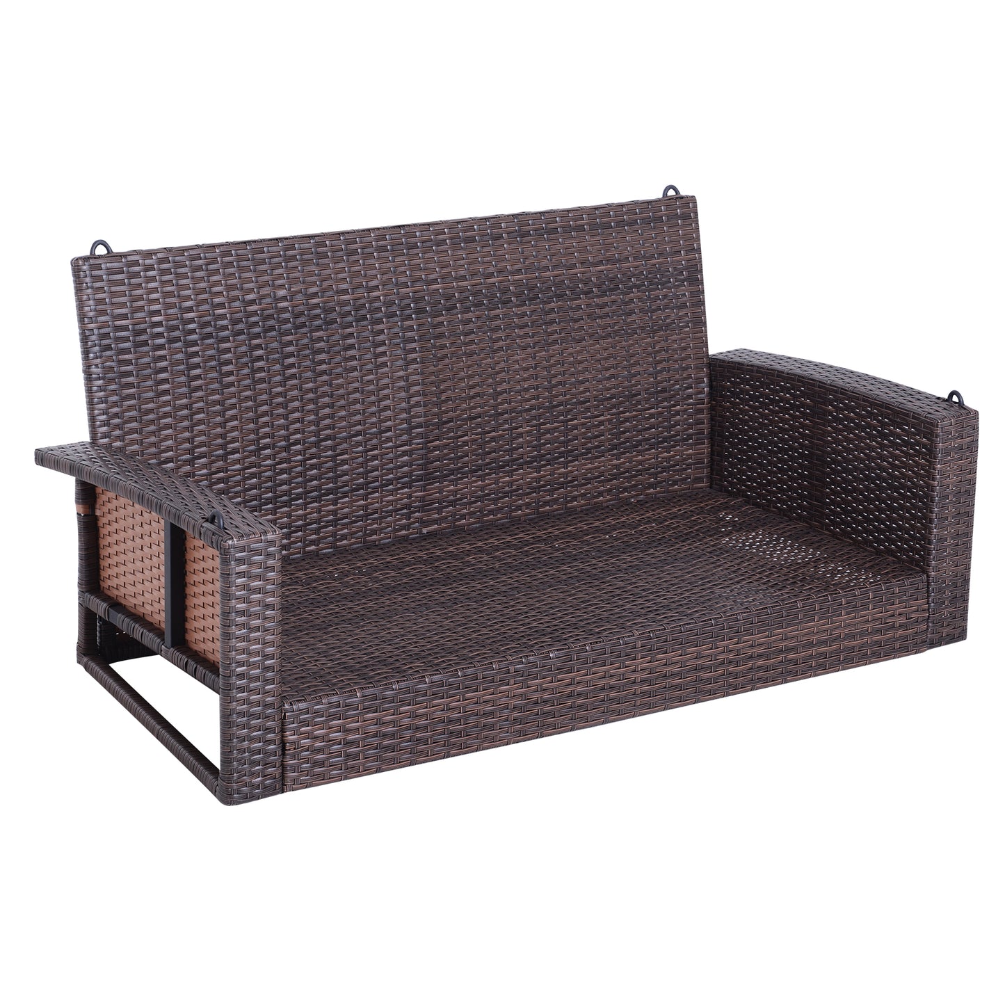 Dark brown wicker twoseater porch swing with arms and hanging hooks