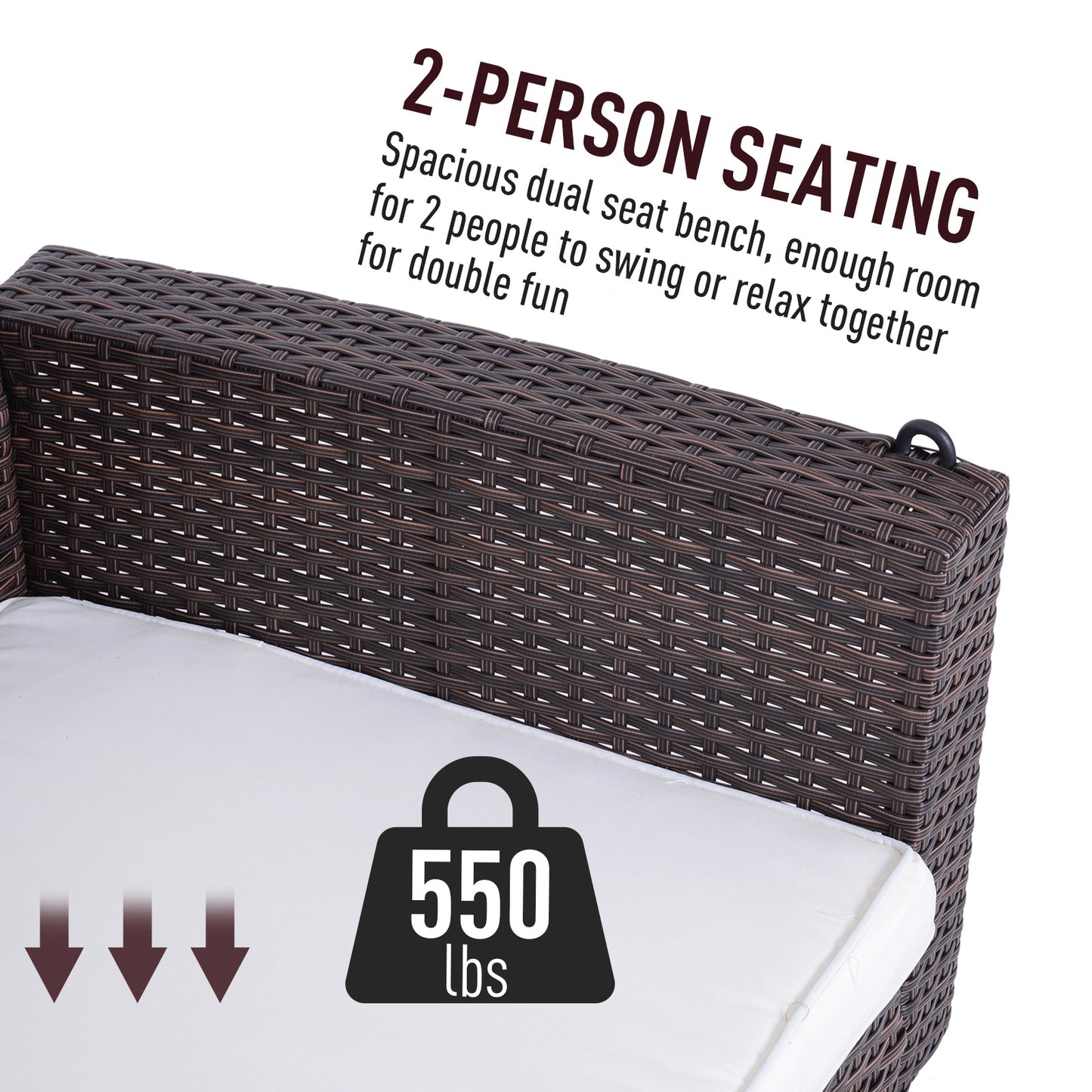 Brown wicker person outdoor bench with white cushion  lbs capacity